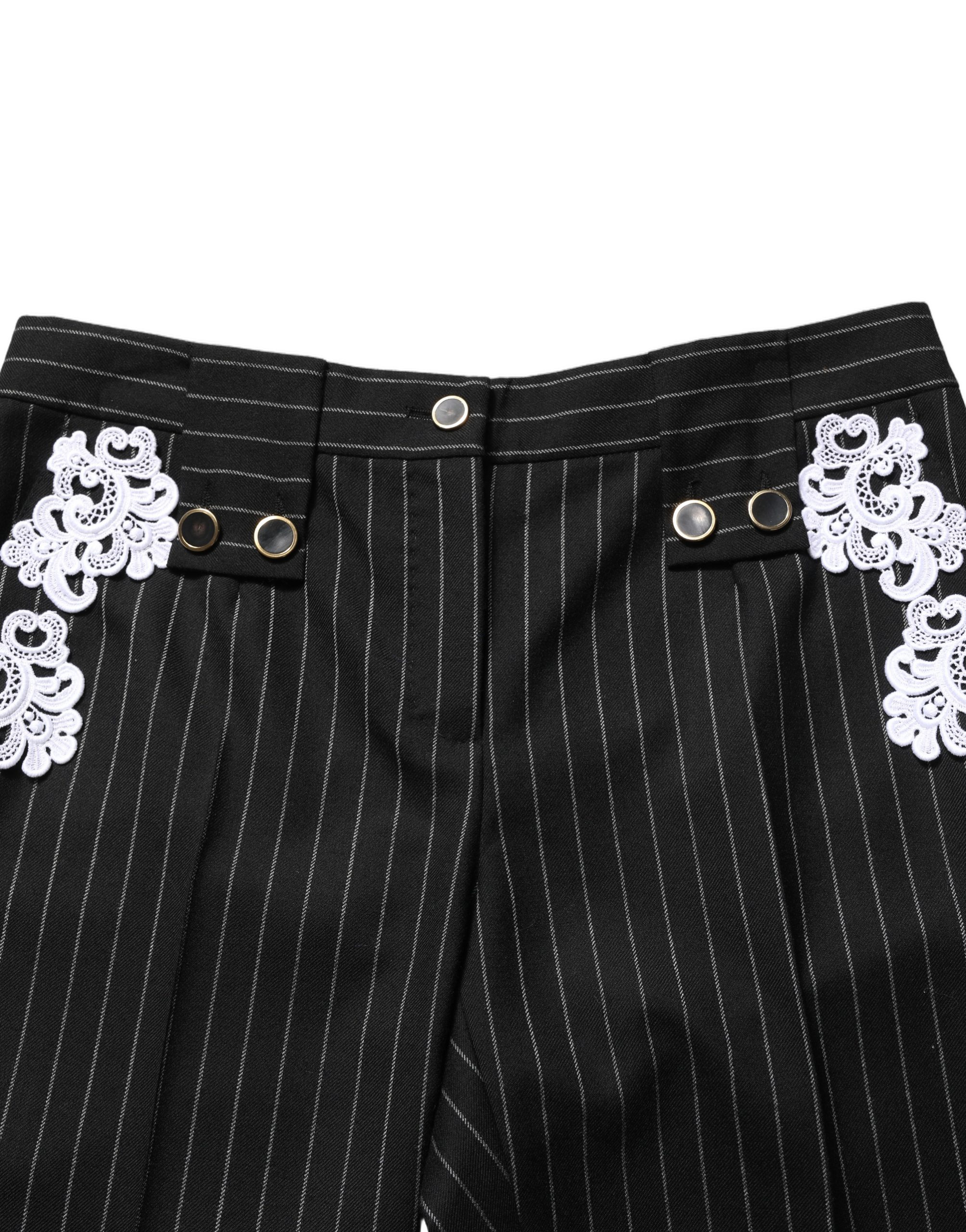 Dolce & Gabbana Black Lace Applique Pinstripe Cropped Pants - Image 5