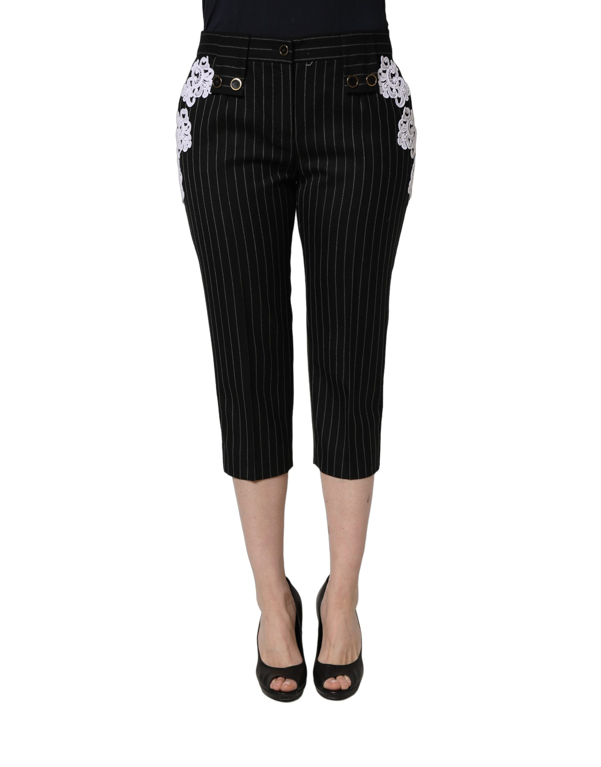 Dolce & Gabbana Black Lace Applique Pinstripe Cropped Pants - Image 2