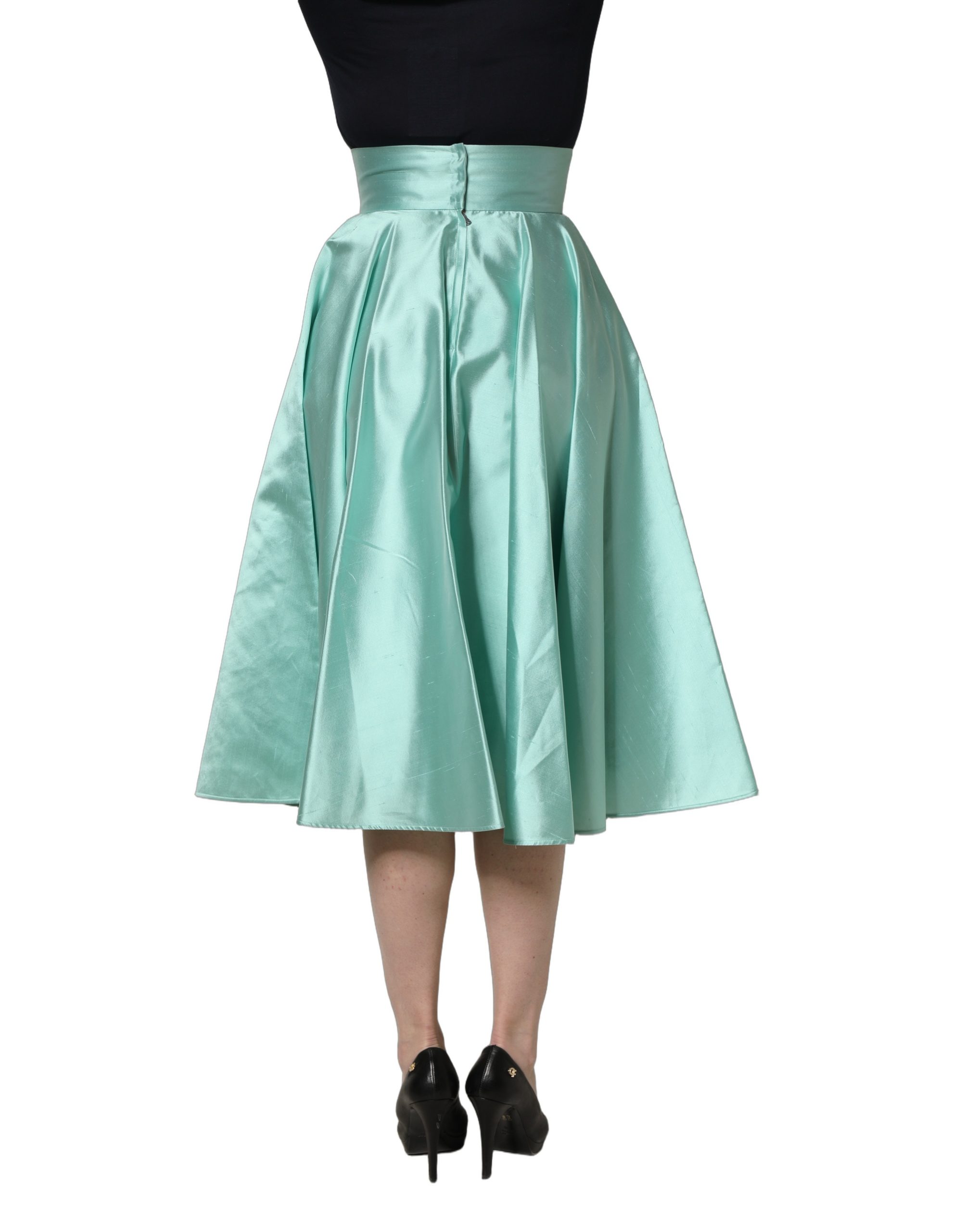 Dolce & Gabbana Green Satin High-Waisted Pleated A-line Midi Skirt - Image 4