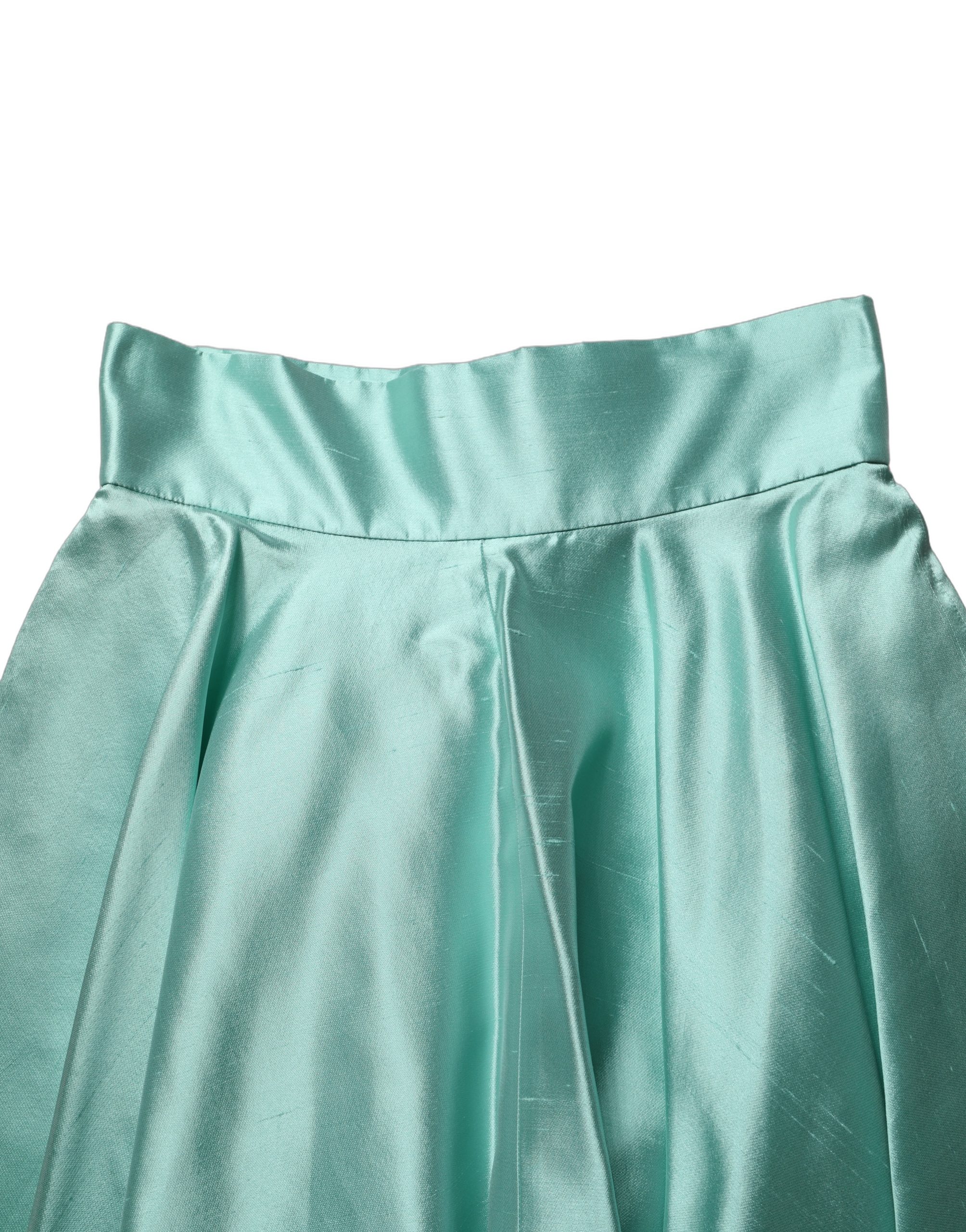 Dolce & Gabbana Green Satin High-Waisted Pleated A-line Midi Skirt - Image 6