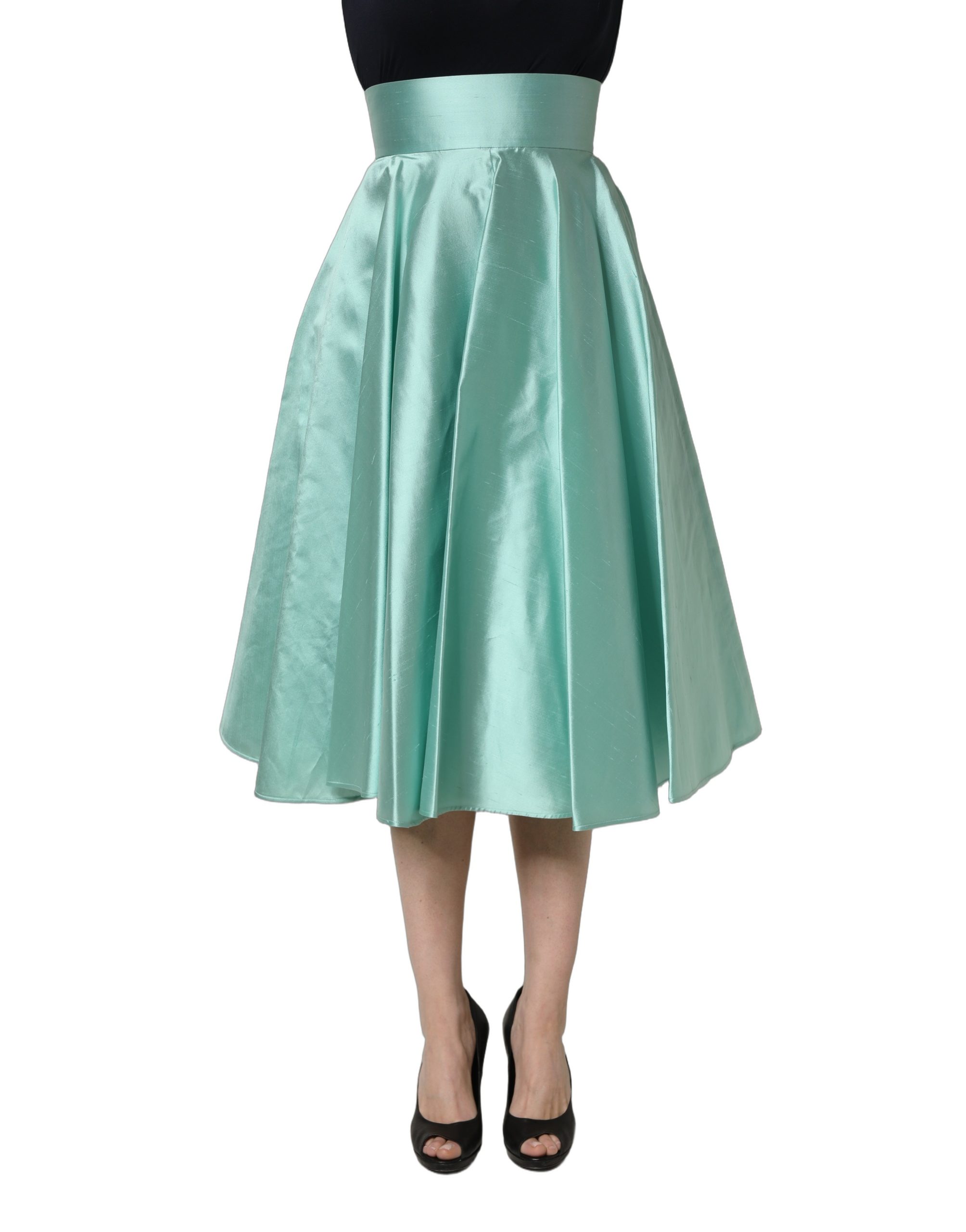 Dolce & Gabbana Green Satin High-Waisted Pleated A-line Midi Skirt - Image 2