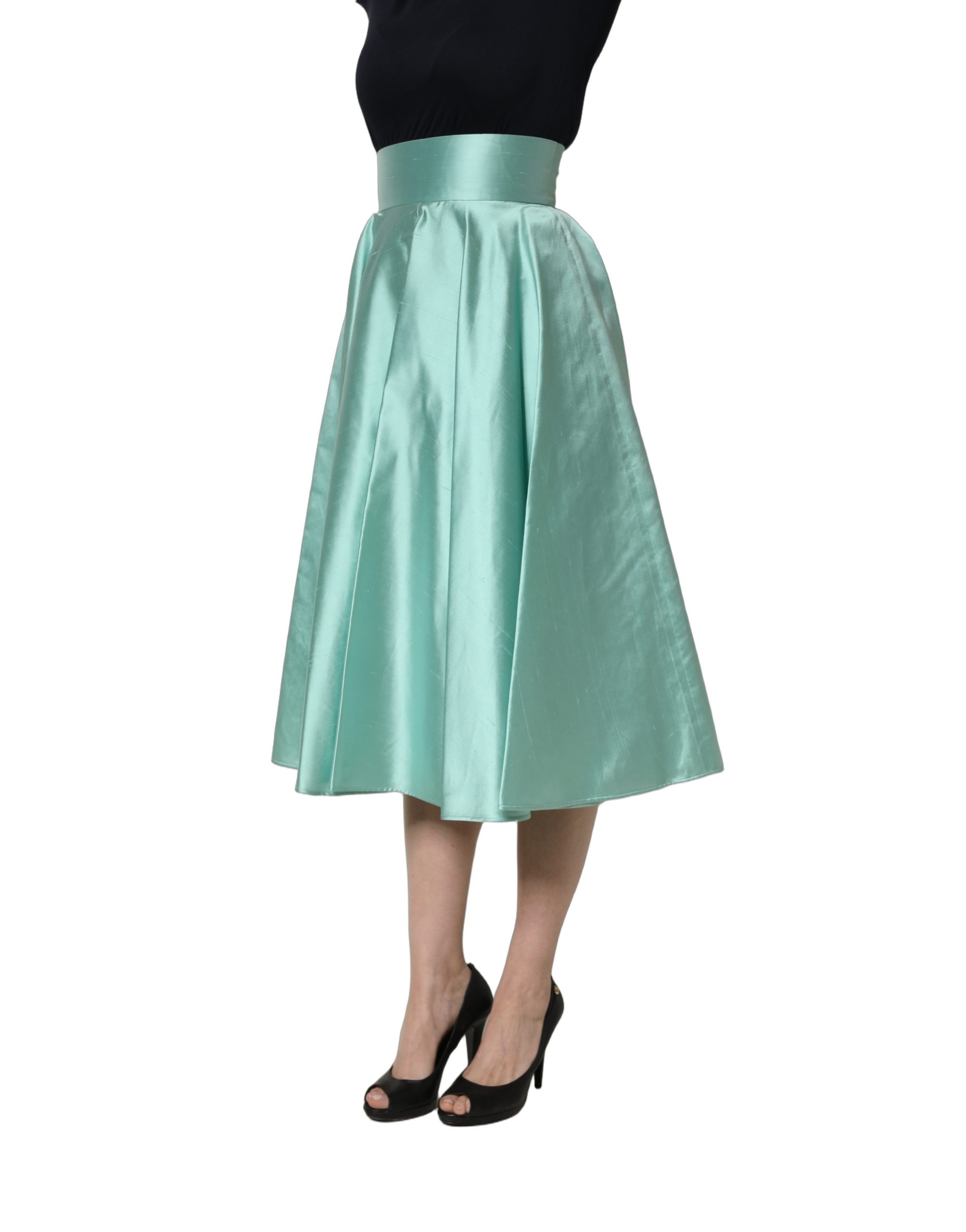 Dolce & Gabbana Green Satin High-Waisted Pleated A-line Midi Skirt - Image 3