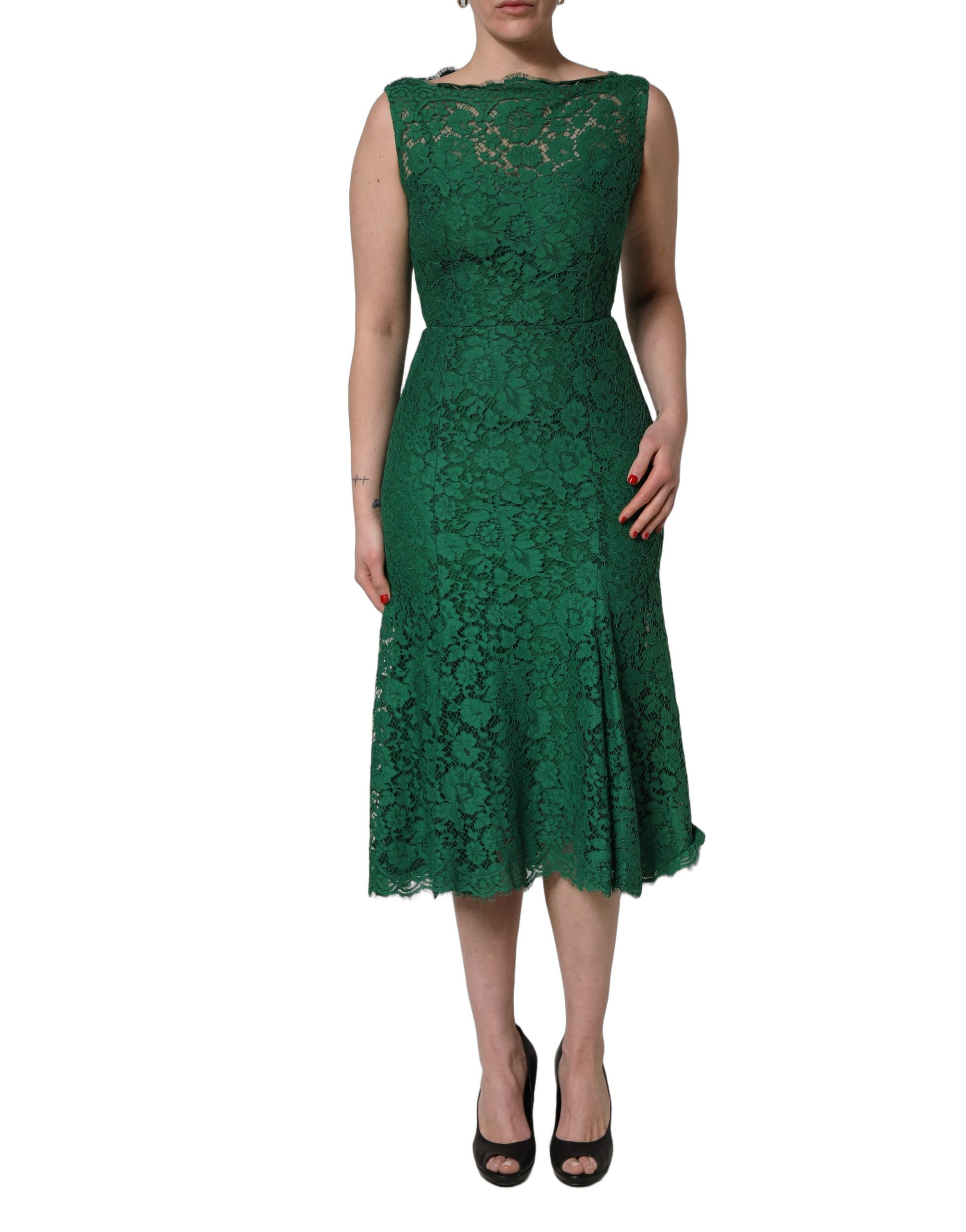 Dolce & Gabbana Green Floral Lace Cotton Sleeveless Midi Dress - Image 2