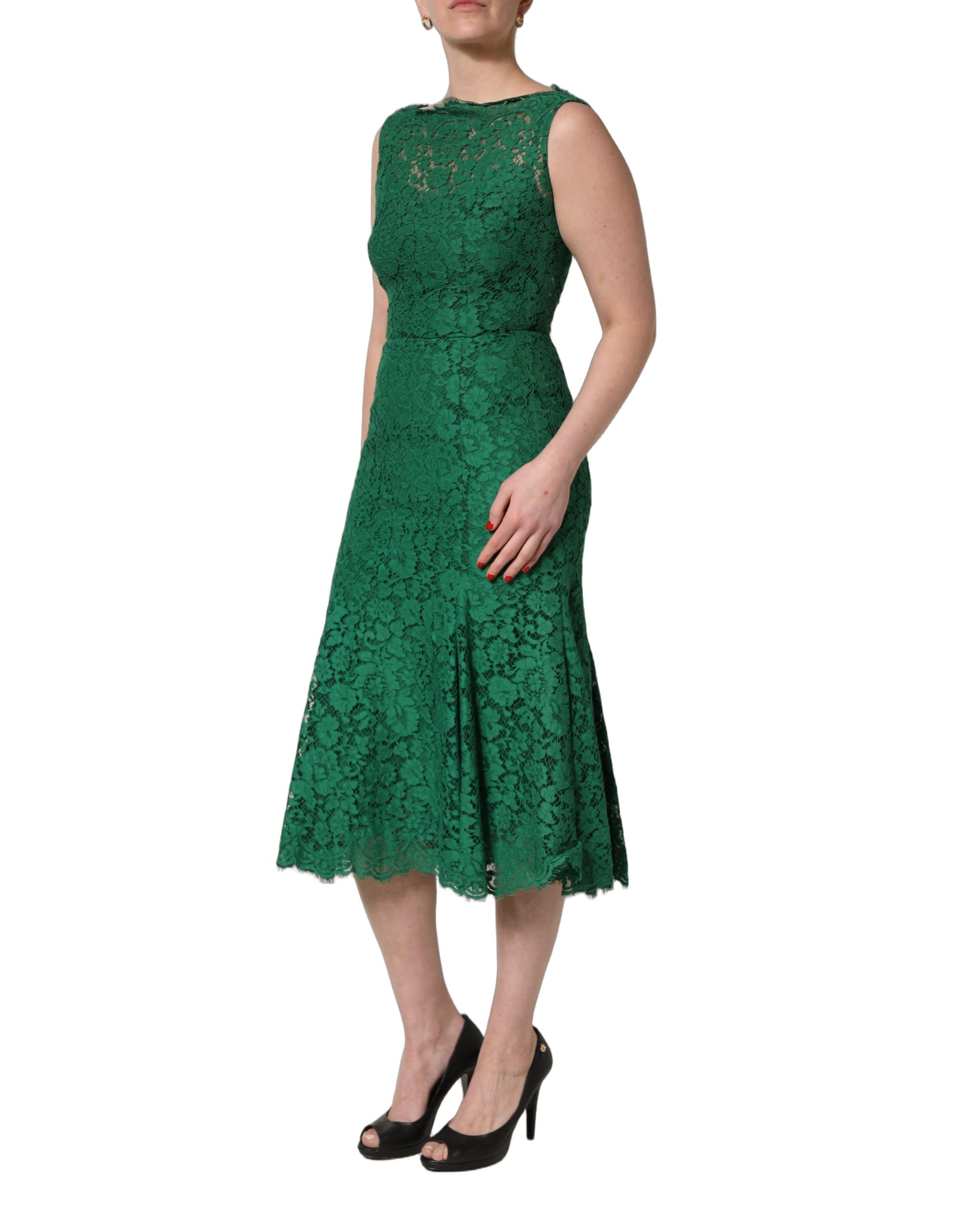 Dolce & Gabbana Green Floral Lace Cotton Sleeveless Midi Dress - Image 3