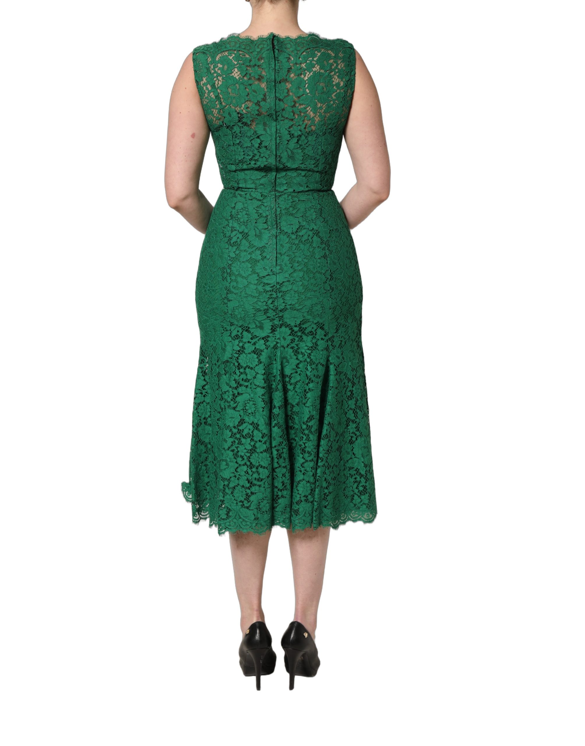 Dolce & Gabbana Green Floral Lace Cotton Sleeveless Midi Dress - Image 4