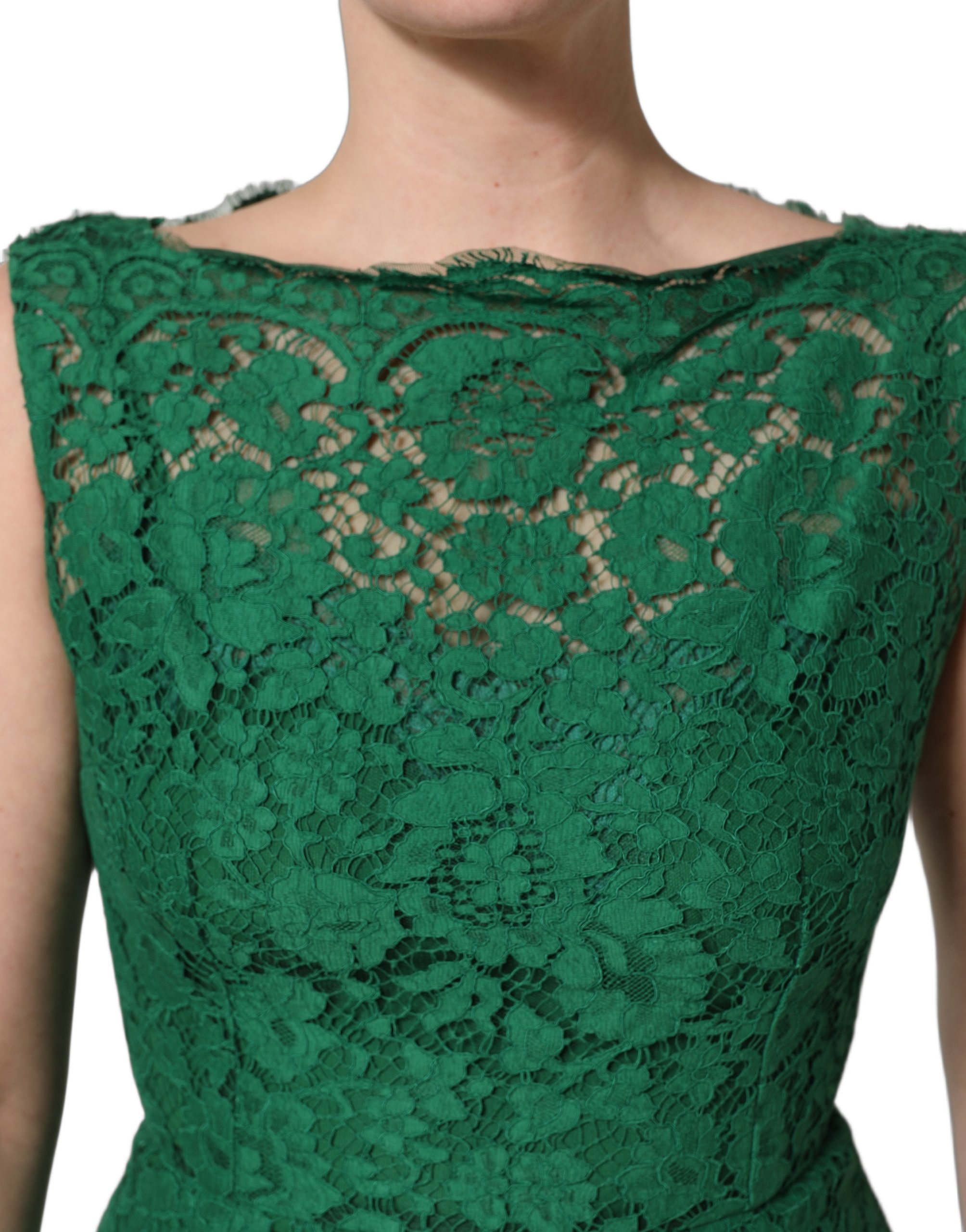Dolce & Gabbana Green Floral Lace Cotton Sleeveless Midi Dress - Image 5