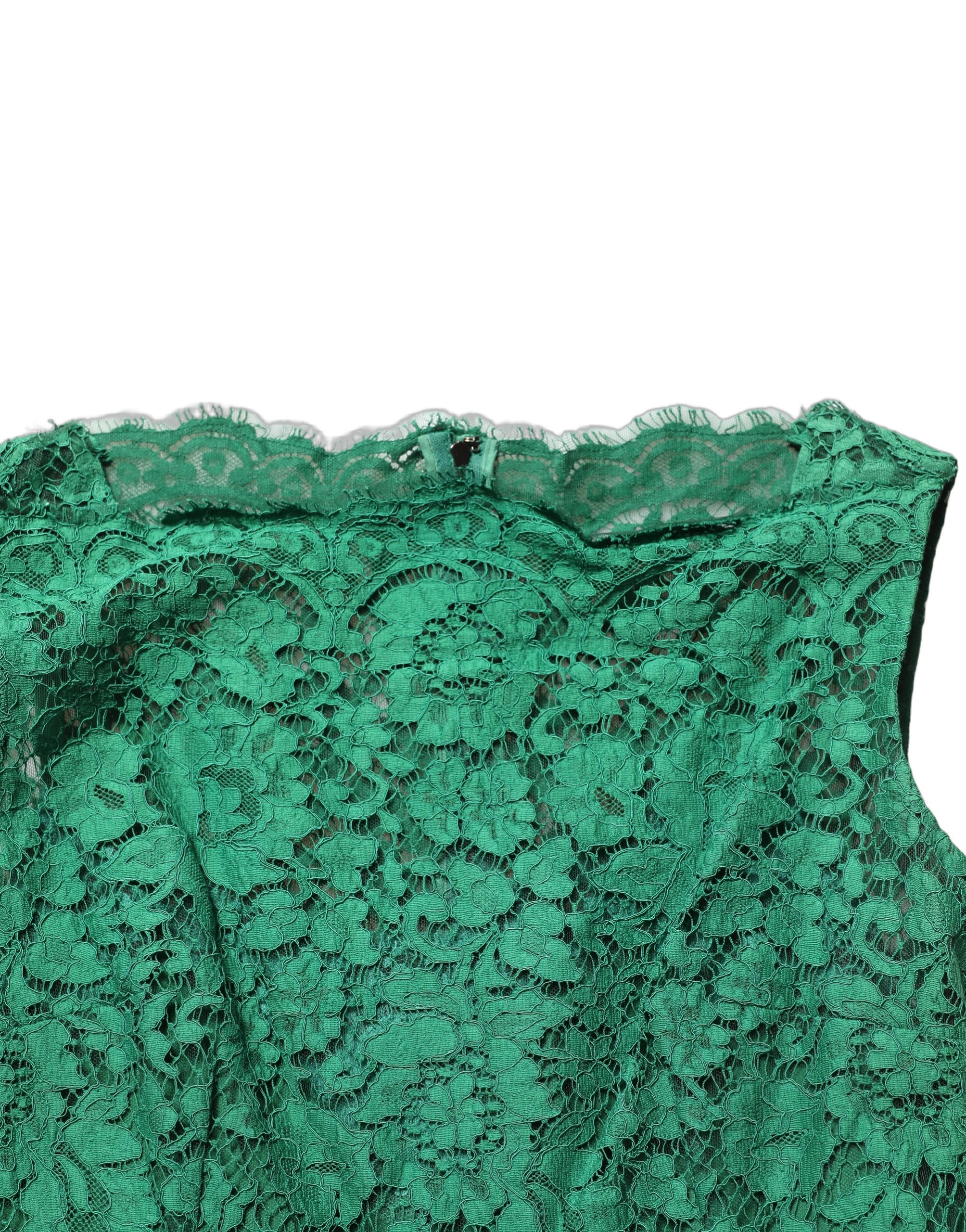 Dolce & Gabbana Green Floral Lace Cotton Sleeveless Midi Dress - Image 6