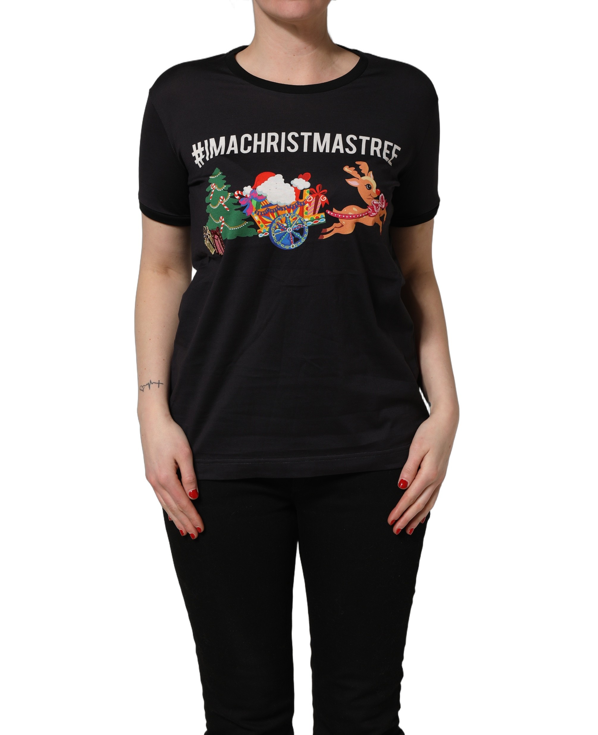 Dolce & Gabbana Black #IAMACHRISTMASTREE Print Cotton T-shirt - Image 2