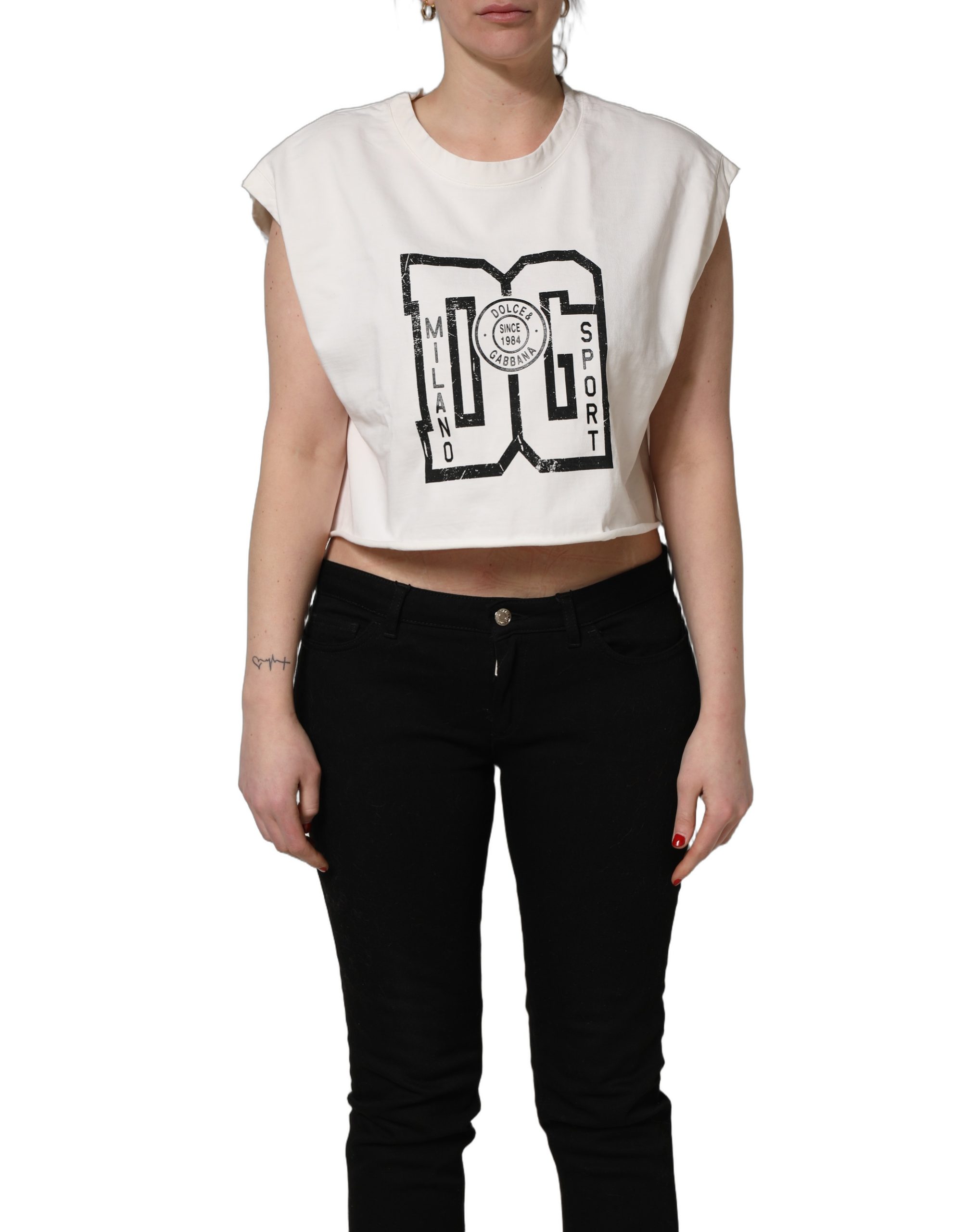 Dolce & Gabbana White Cotton DG Logo Print Cropped Jersey Top - Image 2