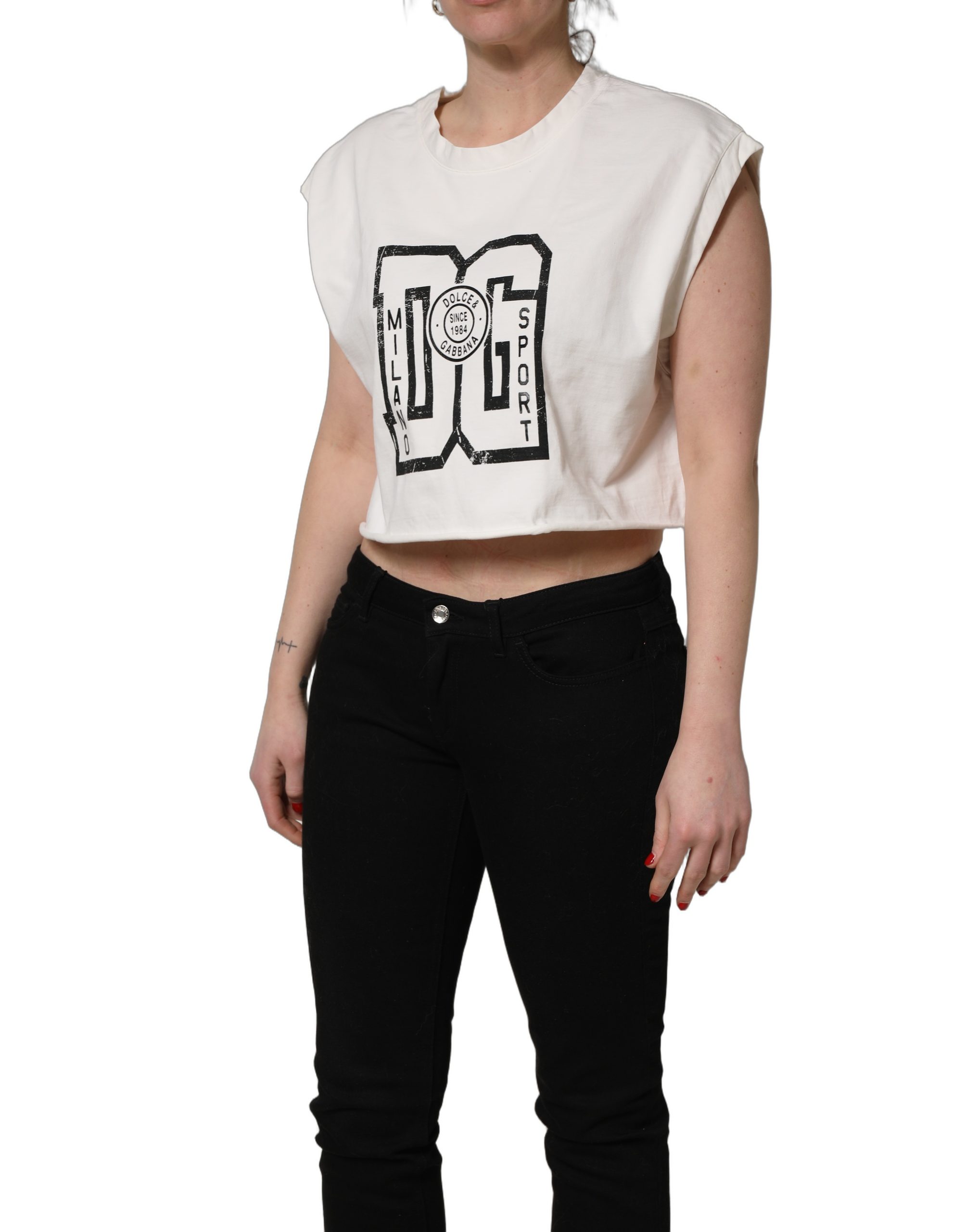 Dolce & Gabbana White Cotton DG Logo Print Cropped Jersey Top - Image 3