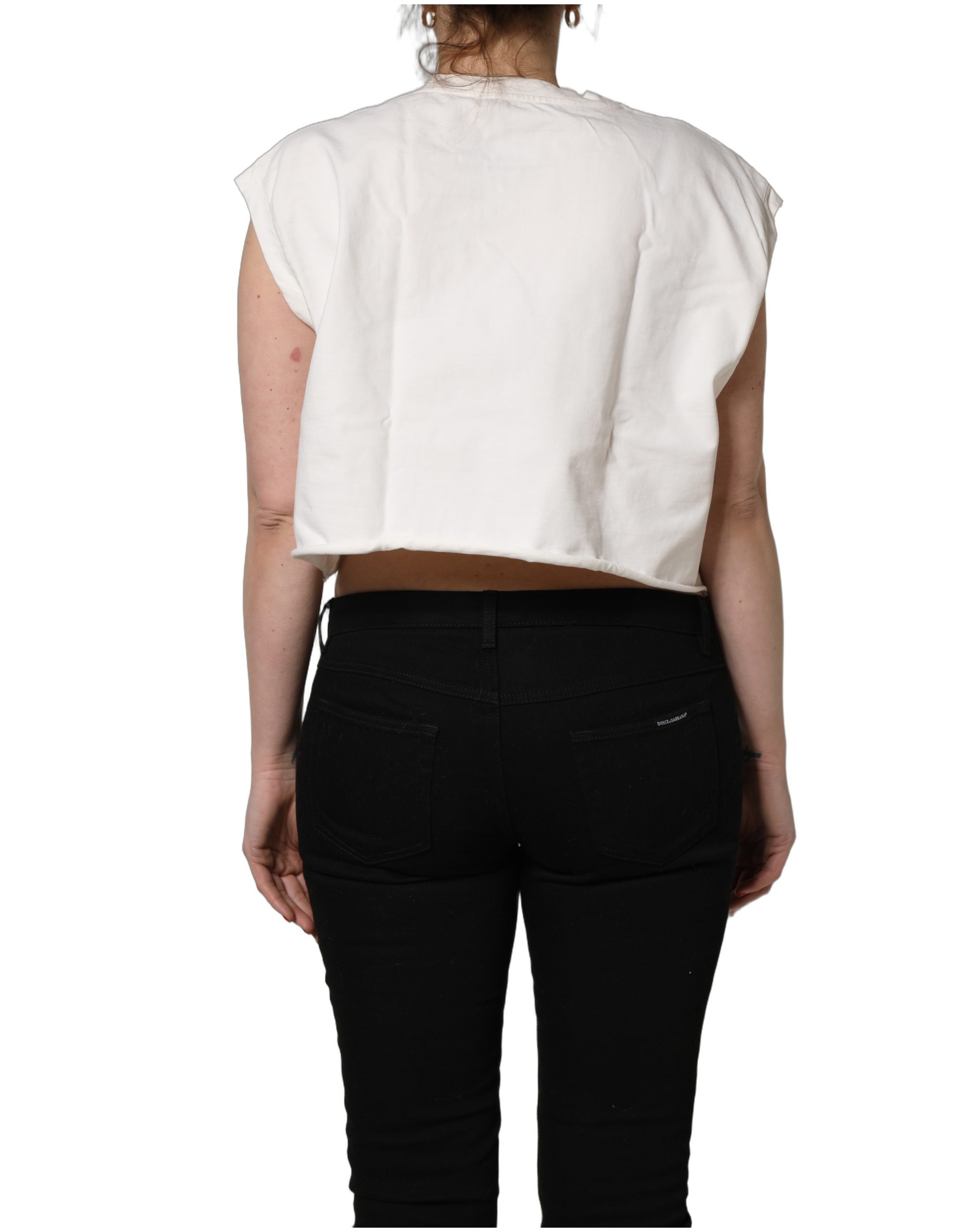 Dolce & Gabbana White Cotton DG Logo Print Cropped Jersey Top - Image 4