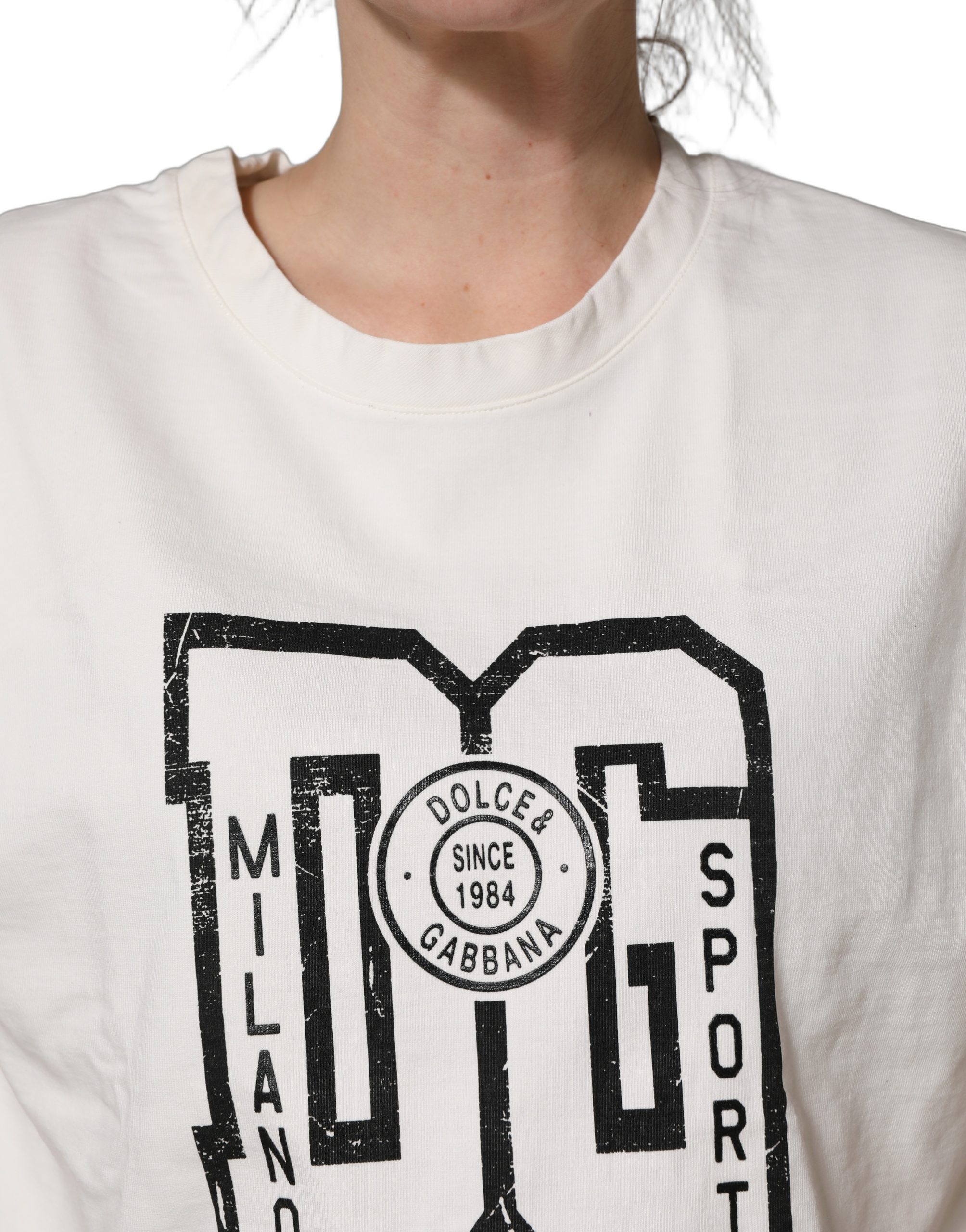 Dolce & Gabbana White Cotton DG Logo Print Cropped Jersey Top - Image 5