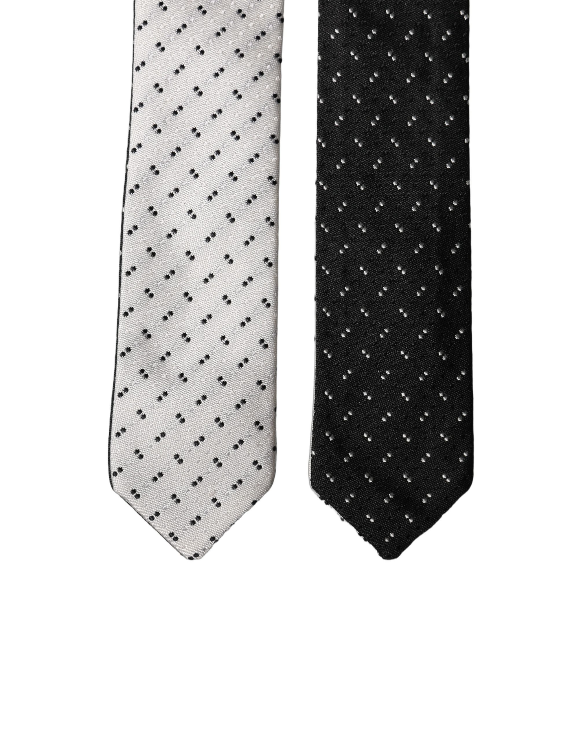 Dolce & Gabbana White Black Patterned Silk Adjustable Men Necktie Tie - Image 4