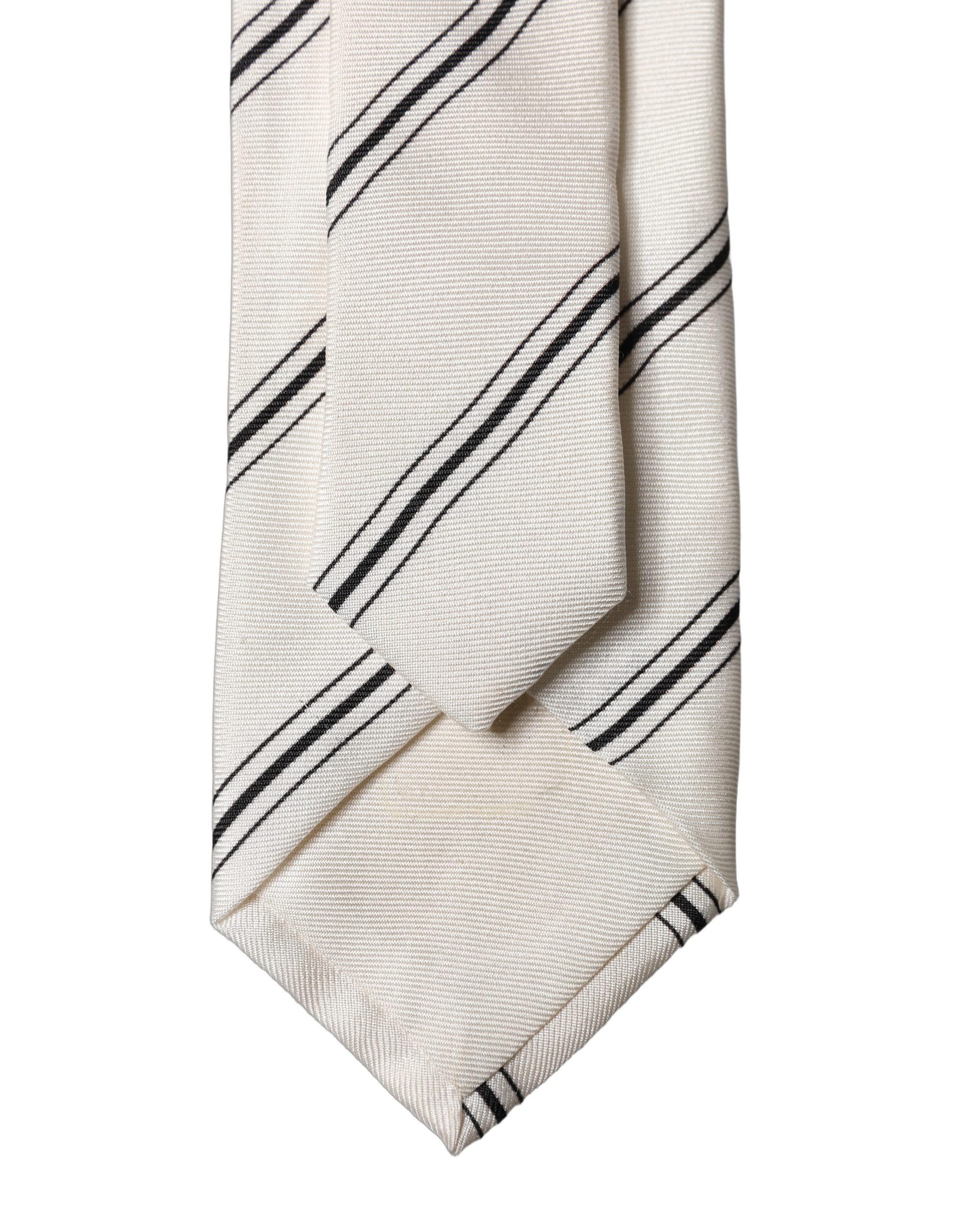 Dolce & Gabbana Beige Black Stripes 100% Silk Adjustable Men Necktie Tie - Image 3