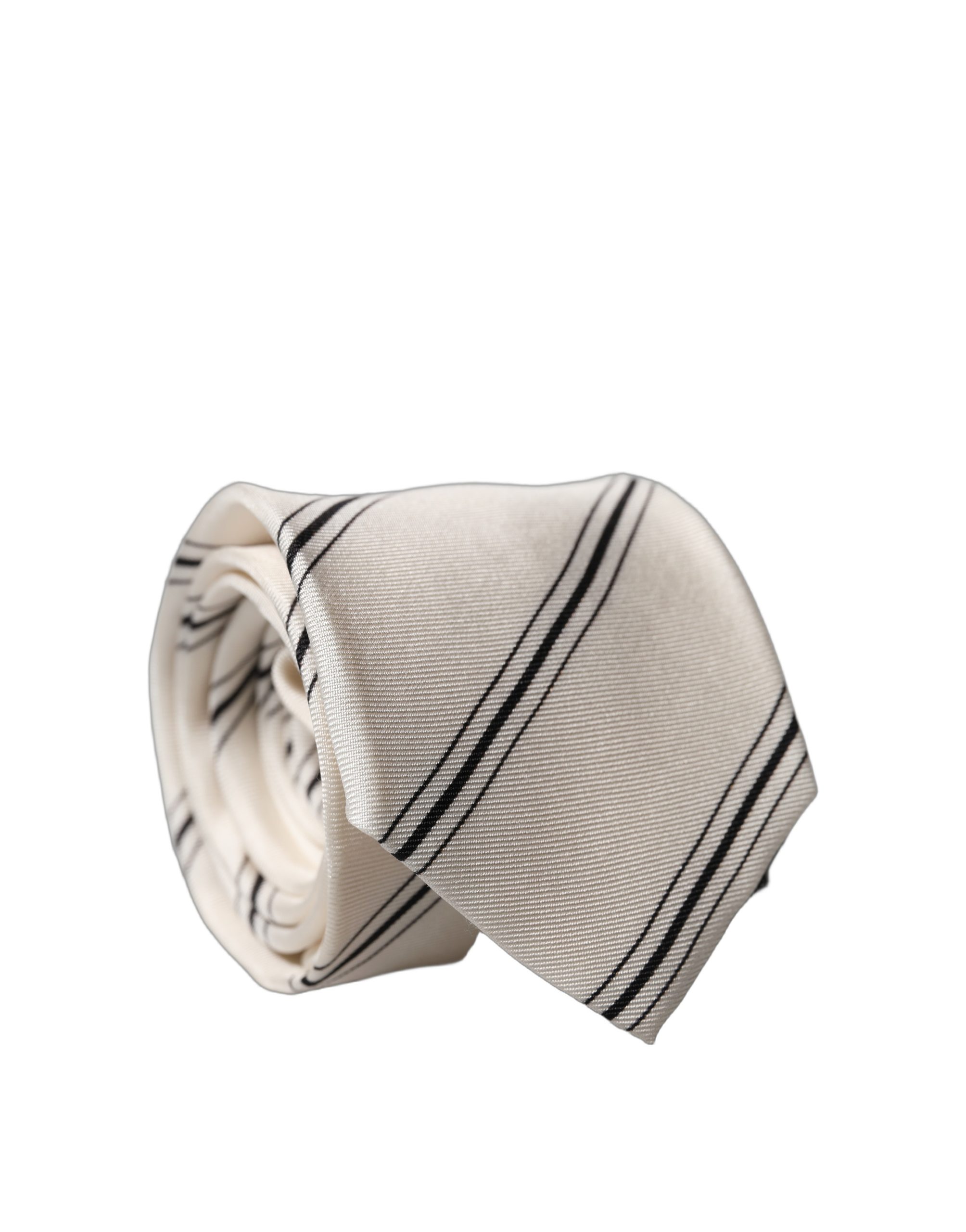 Dolce & Gabbana Beige Black Stripes 100% Silk Adjustable Men Necktie Tie - Image 2