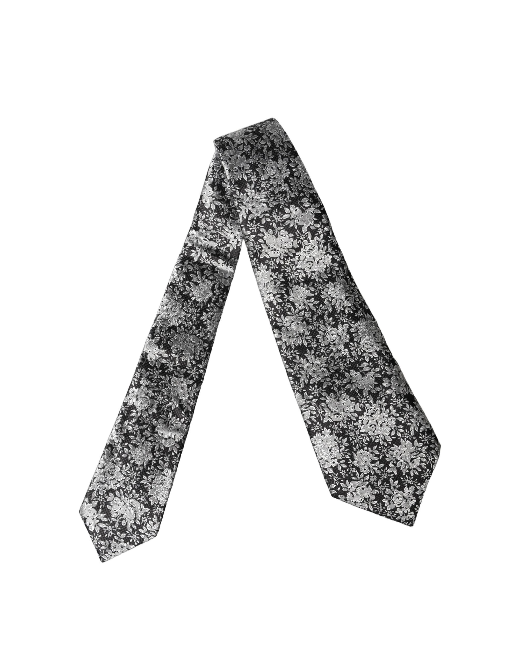 Dolce & Gabbana Dark Gray Silver Floral Silk Adjustable Women Necktie Tie - Image 3