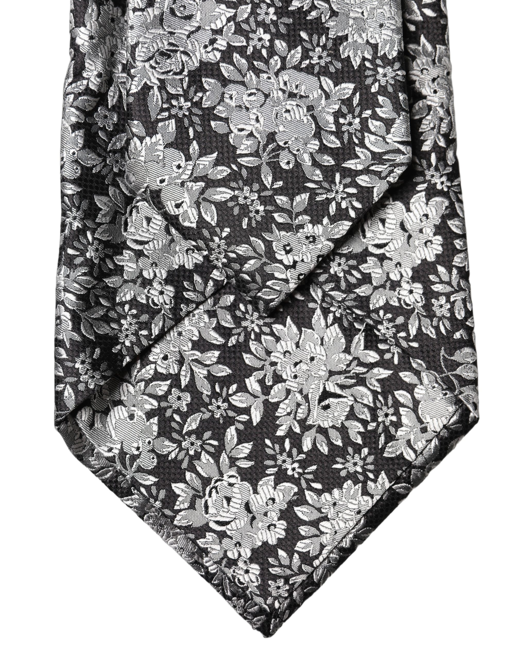 Dolce & Gabbana Dark Gray Silver Floral Silk Adjustable Women Necktie Tie - Image 4