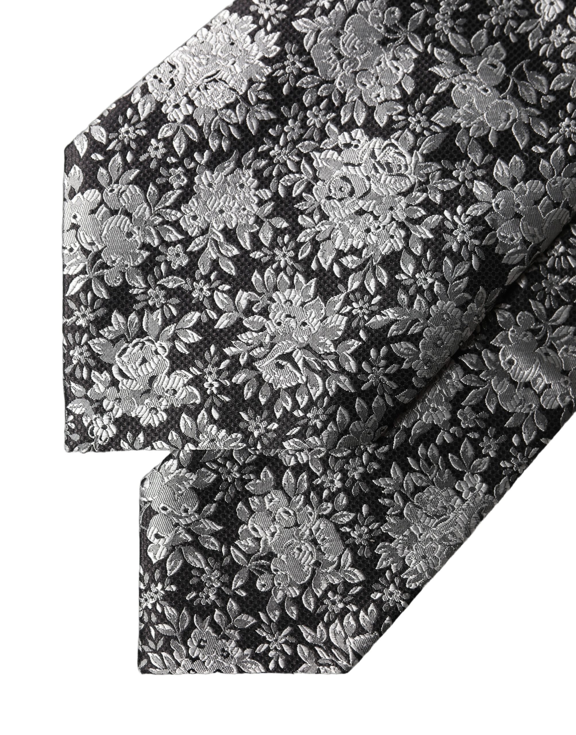 Dolce & Gabbana Dark Gray Silver Floral Silk Adjustable Women Necktie Tie - Image 5