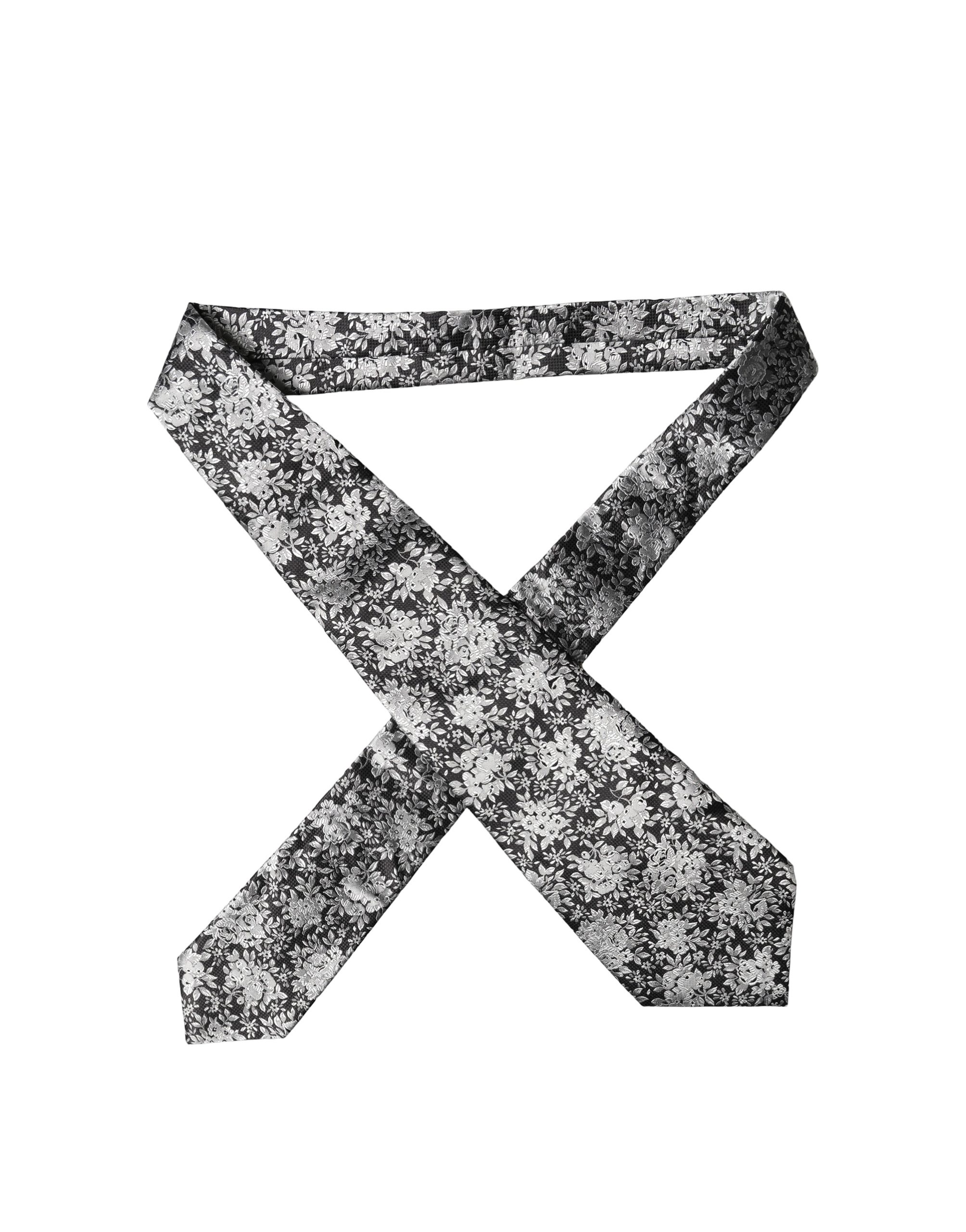 Dolce & Gabbana Dark Gray Silver Floral Silk Adjustable Women Necktie Tie - Image 2
