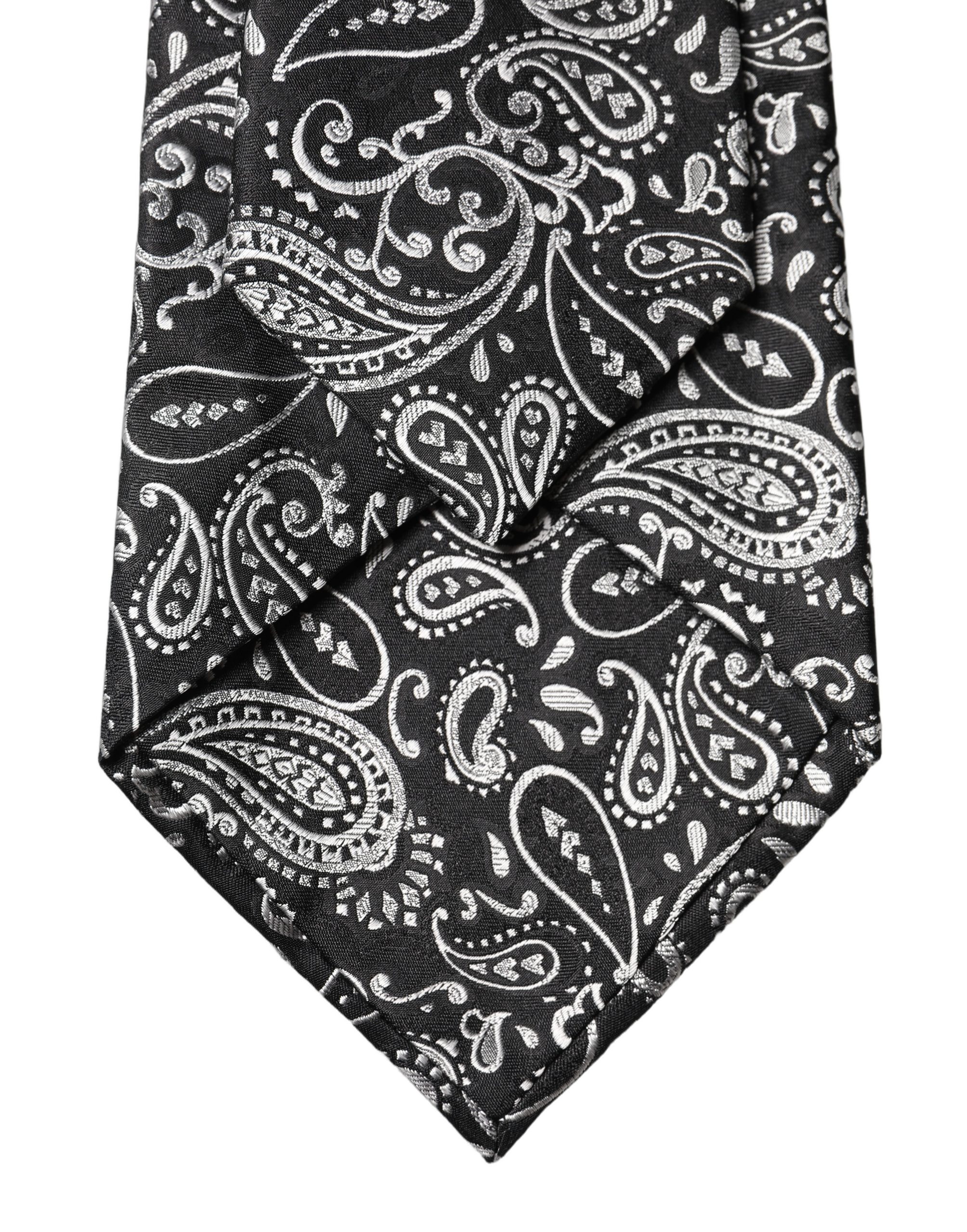 Dolce & Gabbana Black White Paisley Silk Adjustable Women Necktie Tie - Image 4
