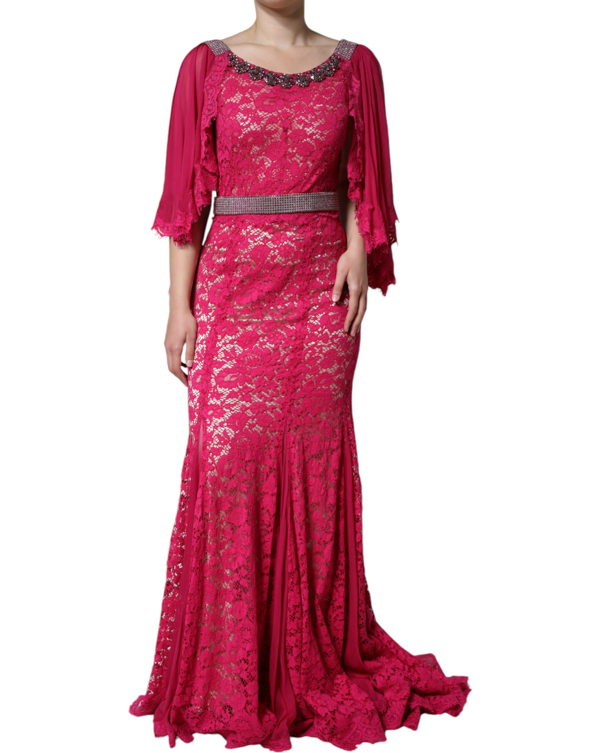 Dolce & Gabbana Pink Lace Crystal Sheath Long Gown Dress - Image 2