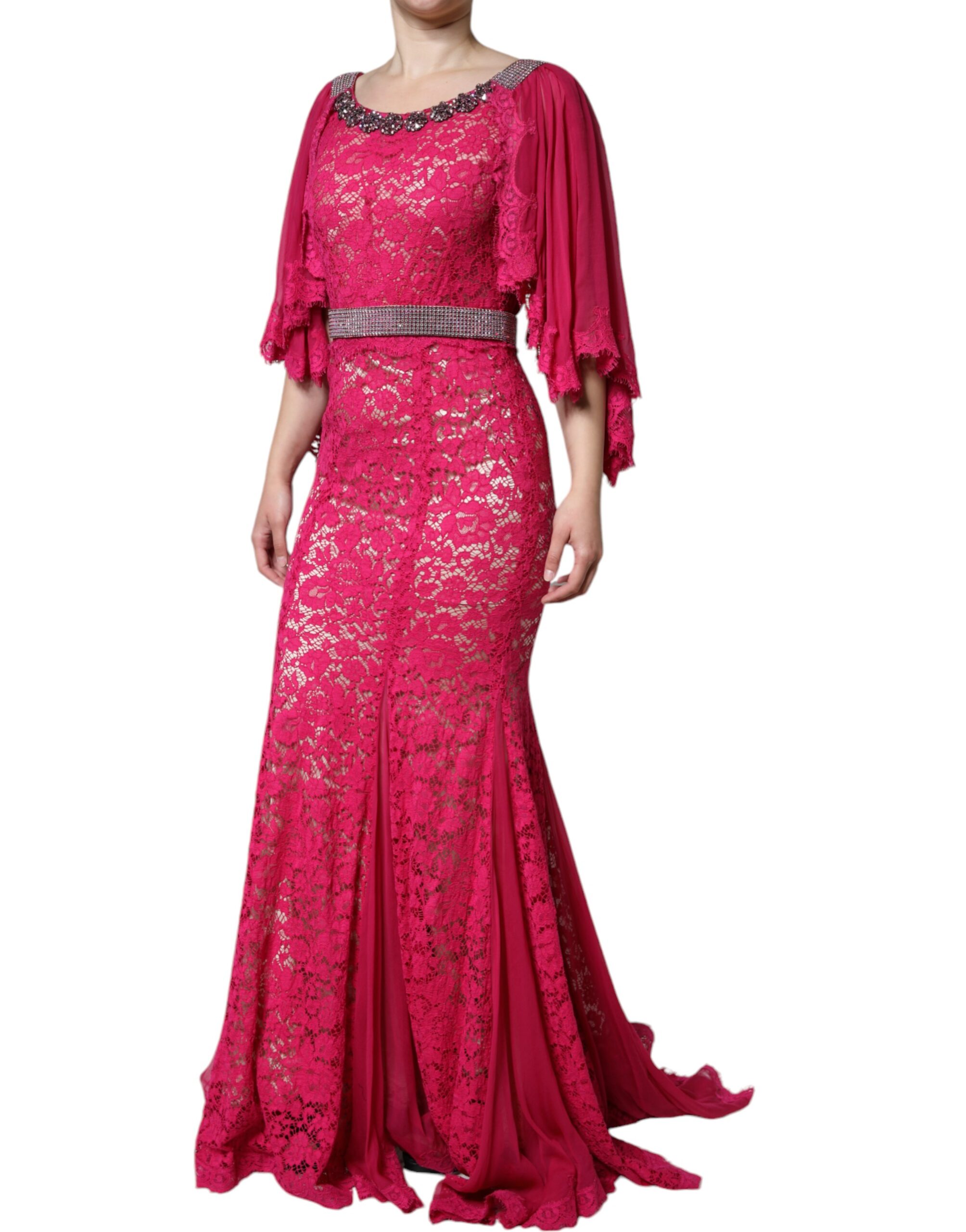 Dolce & Gabbana Pink Lace Crystal Sheath Long Gown Dress - Image 3