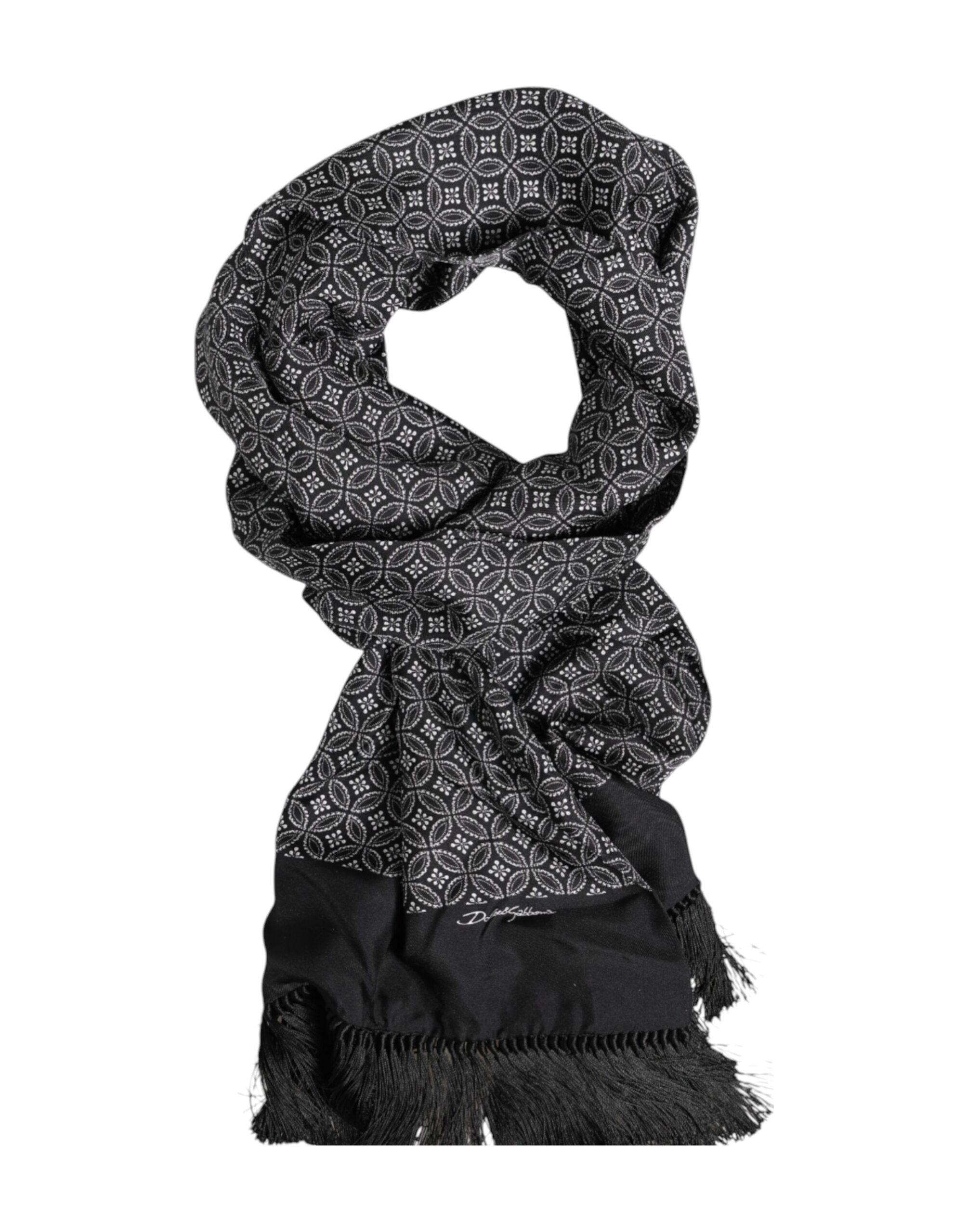 Dolce & Gabbana Black Patterned Fringes Men Foulard Scarf - Image 5