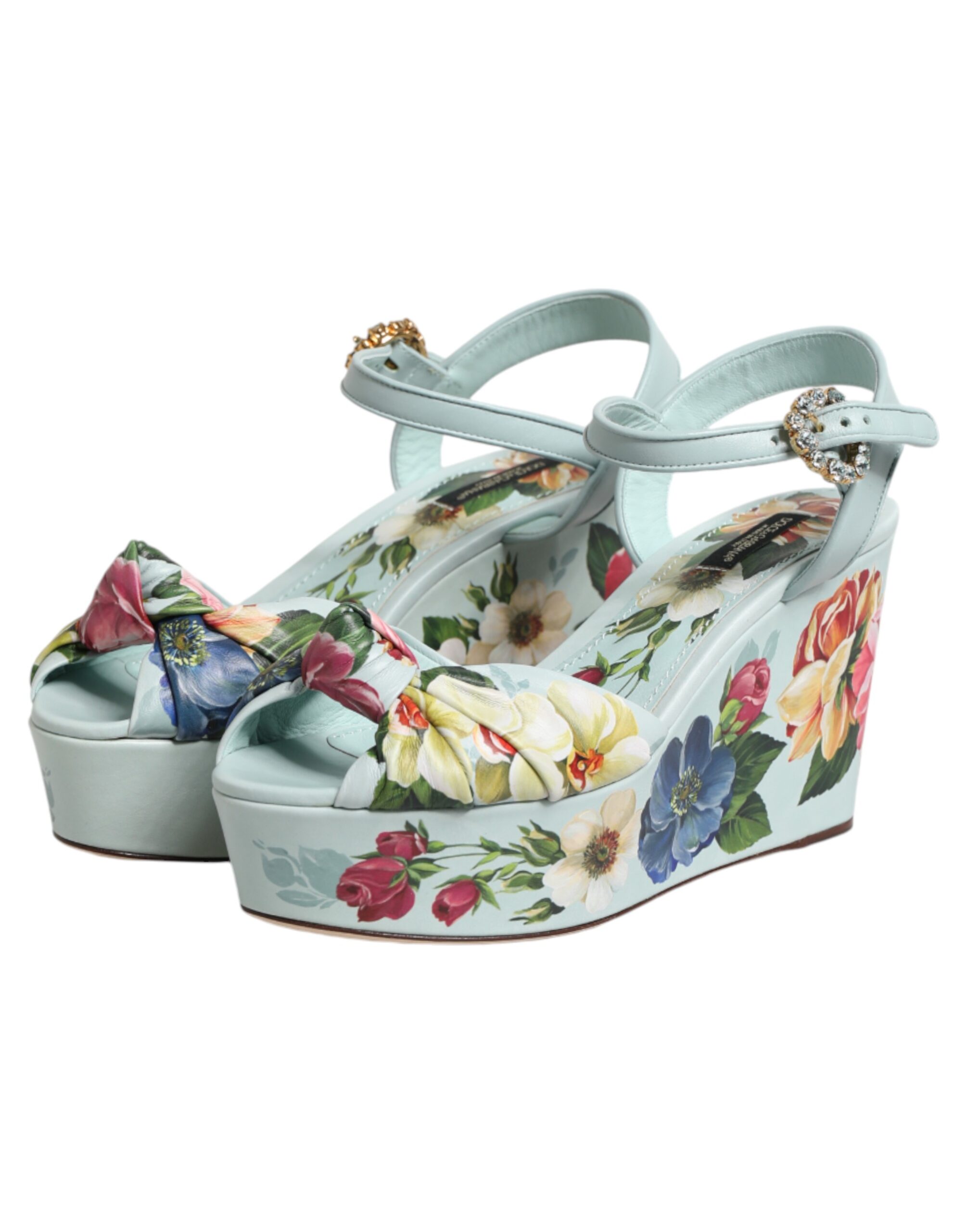 Dolce & Gabbana Green Floral Ankle Strap Wedge Sandals Shoes - Image 5