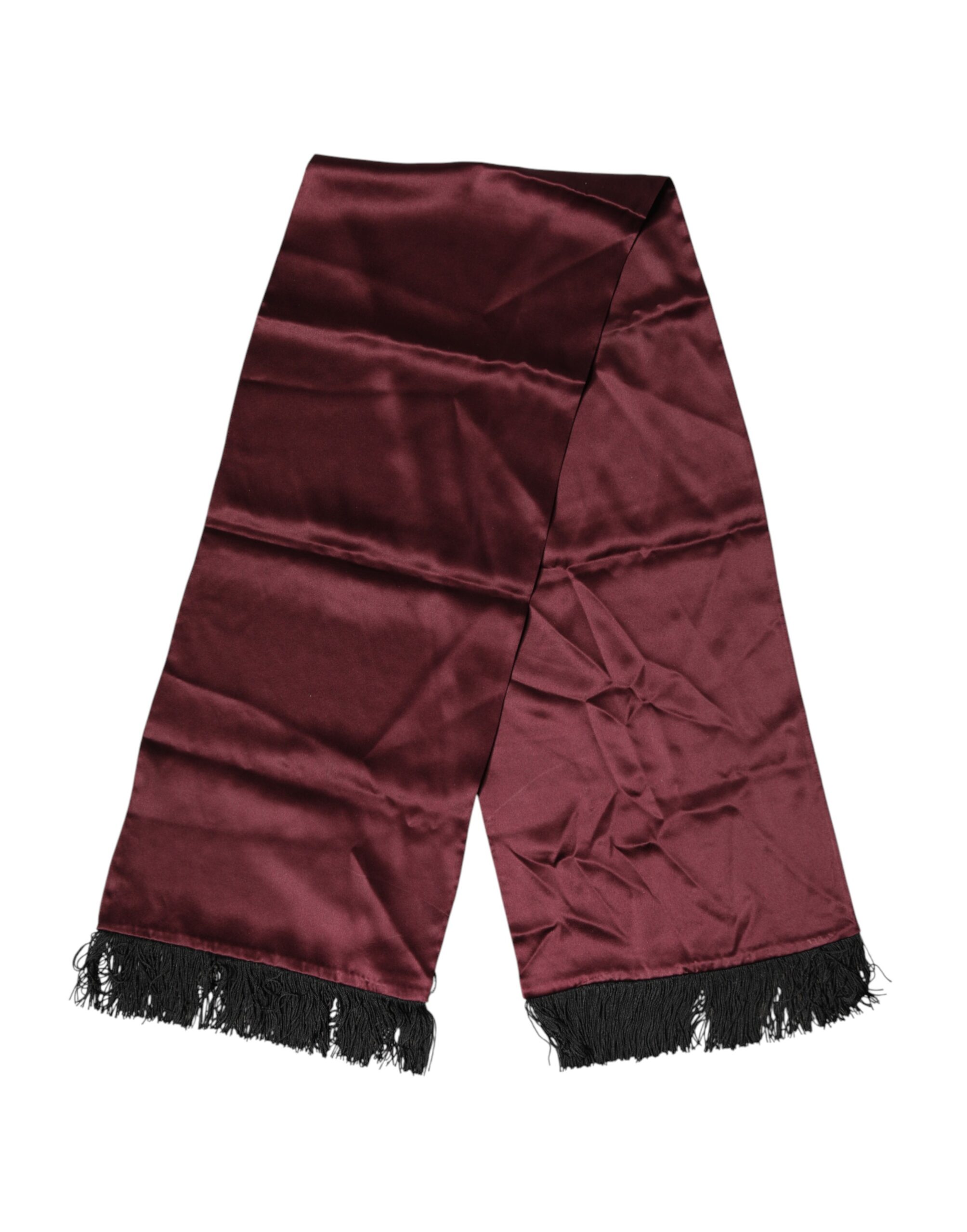 Dolce & Gabbana Maroon Silk Satin Fringes Neck Foulard Scarf - Image 2