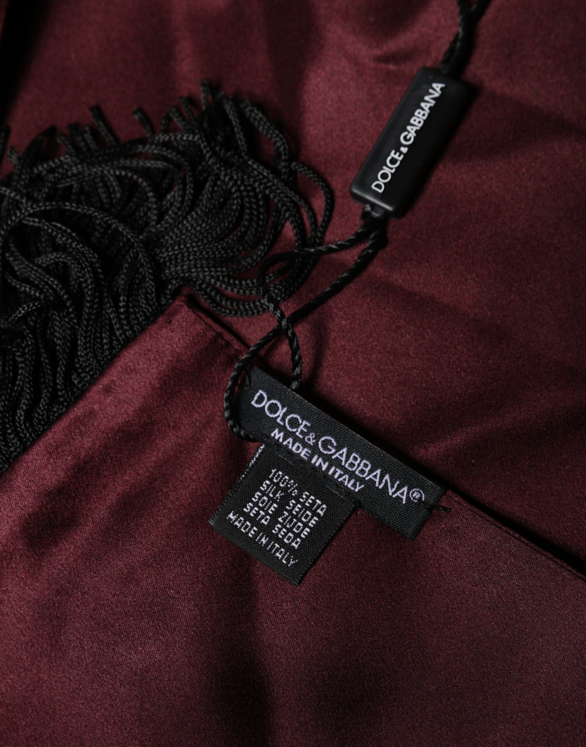 Dolce & Gabbana Maroon Silk Satin Fringes Neck Foulard Scarf - Image 4