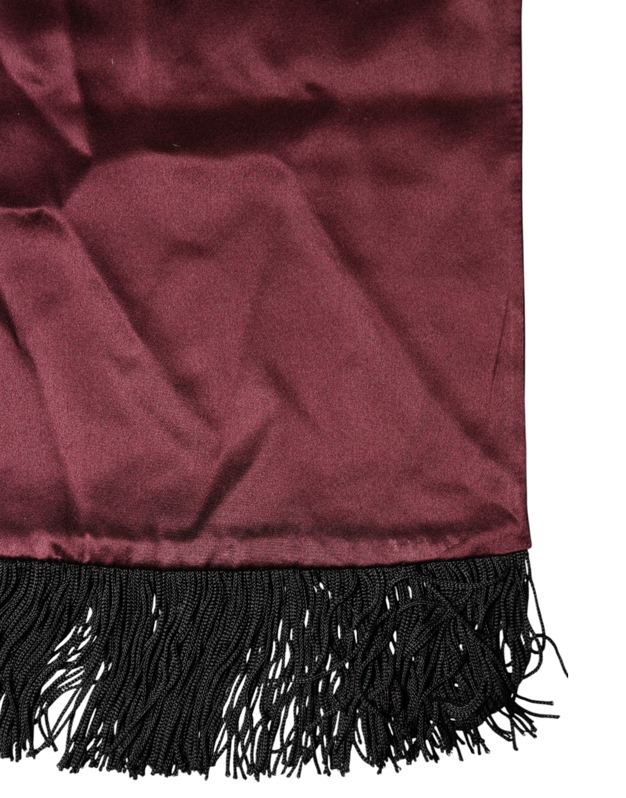 Dolce & Gabbana Maroon Silk Satin Fringes Neck Foulard Scarf - Image 5