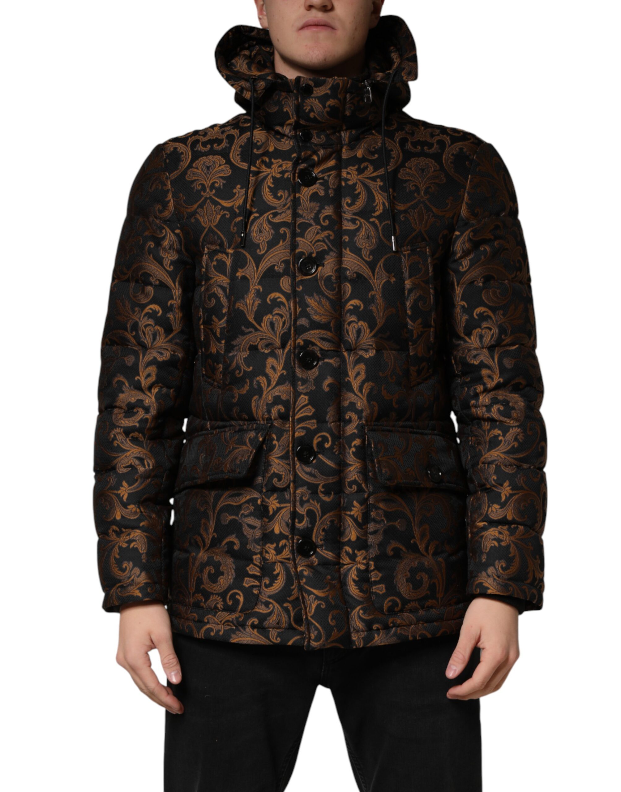 Dolce & Gabbana Black Floral Jacquard Quilted Hooded Jacket - Image 2