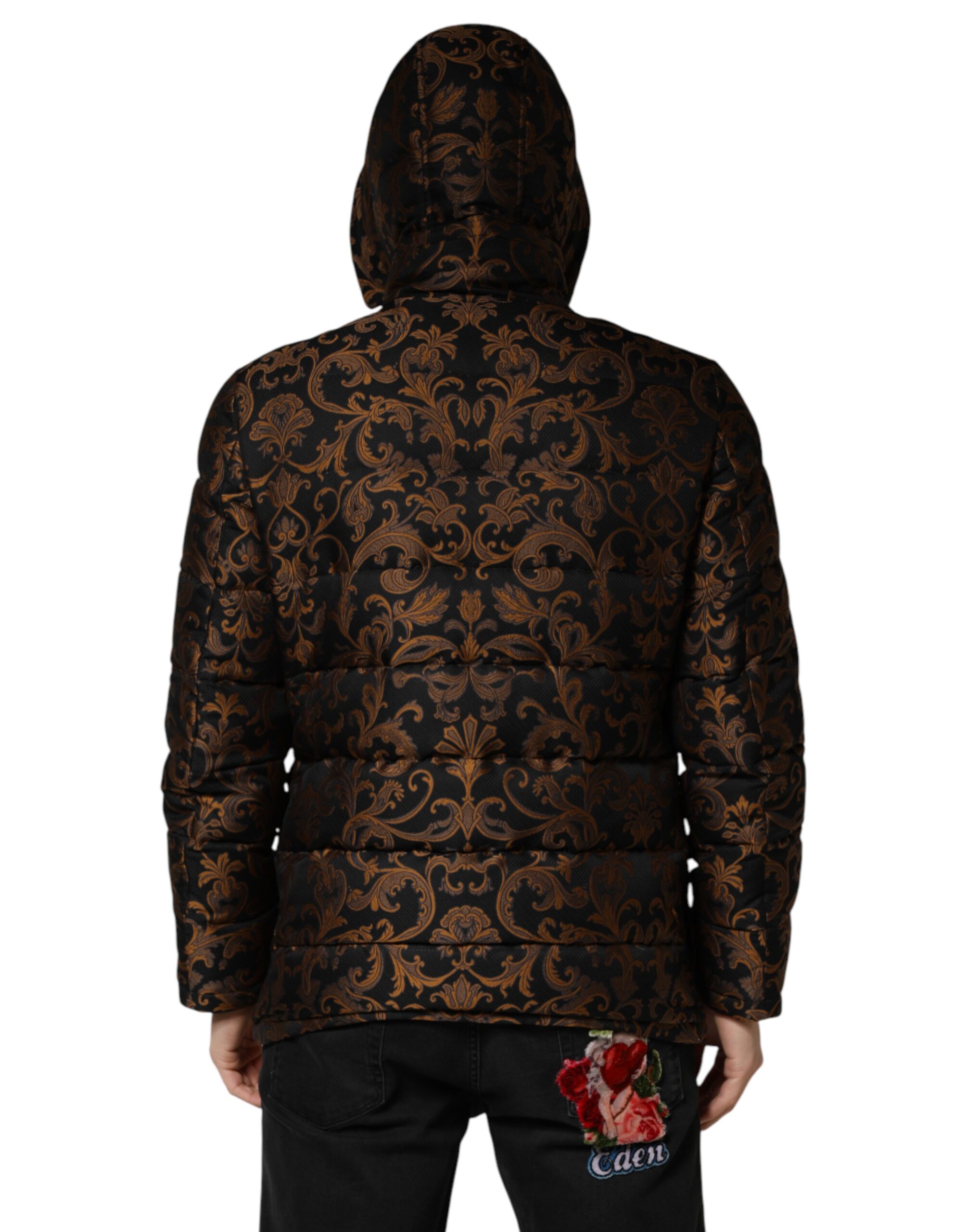 Dolce & Gabbana Black Floral Jacquard Quilted Hooded Jacket - Image 4