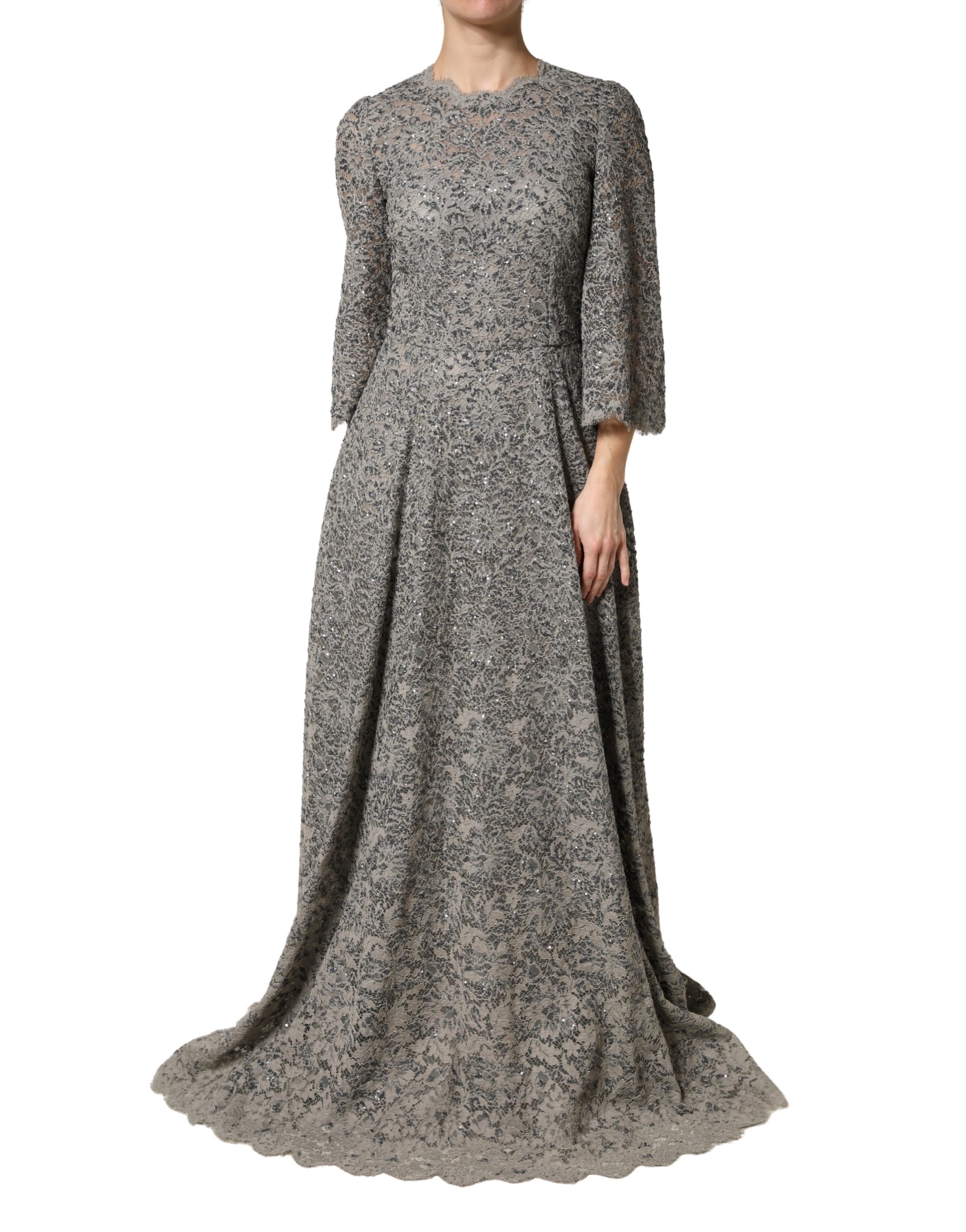 Dolce & Gabbana Gray Lace Long Sleeves Cotton Maxi Dress - Image 2