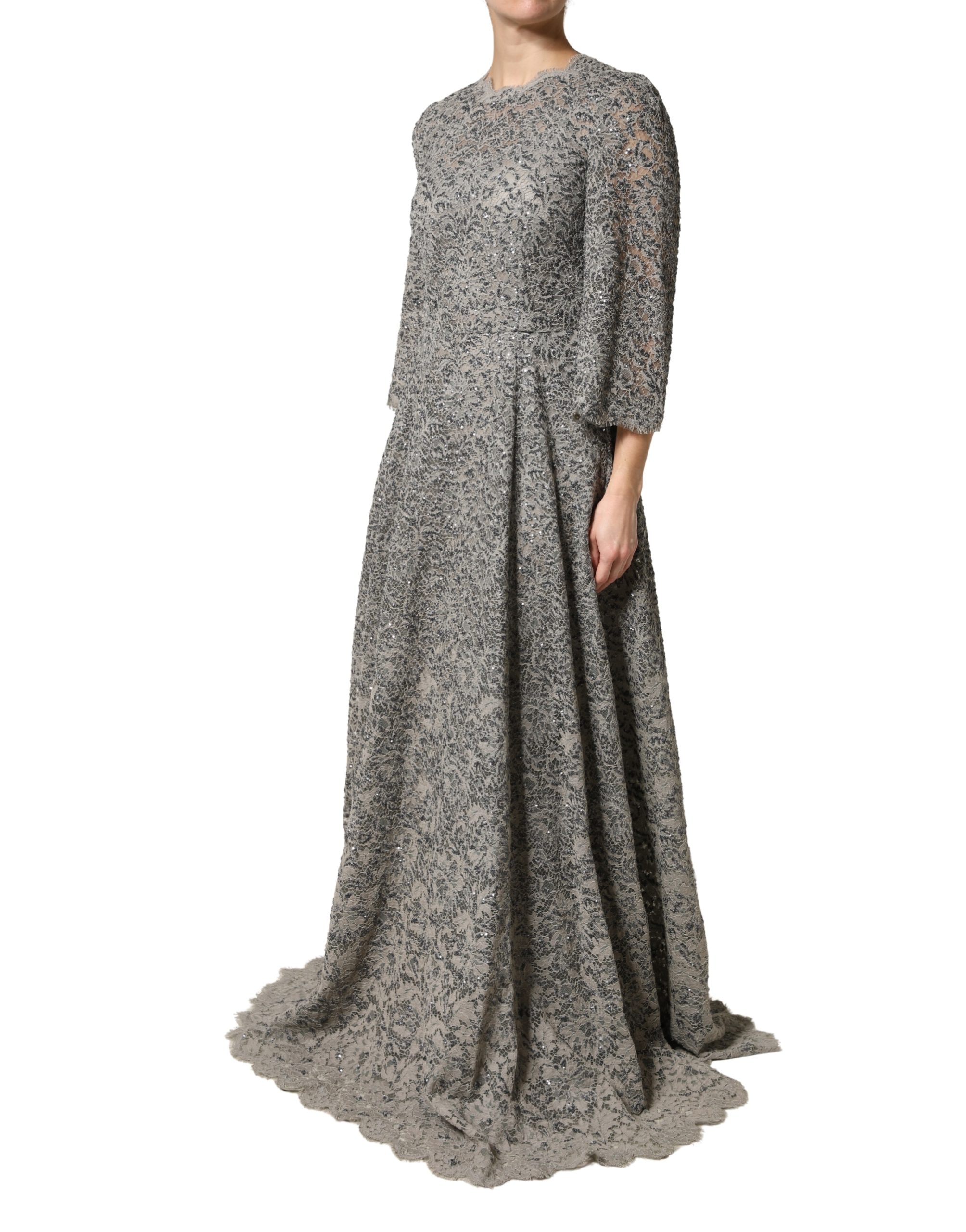Dolce & Gabbana Gray Lace Long Sleeves Cotton Maxi Dress - Image 3