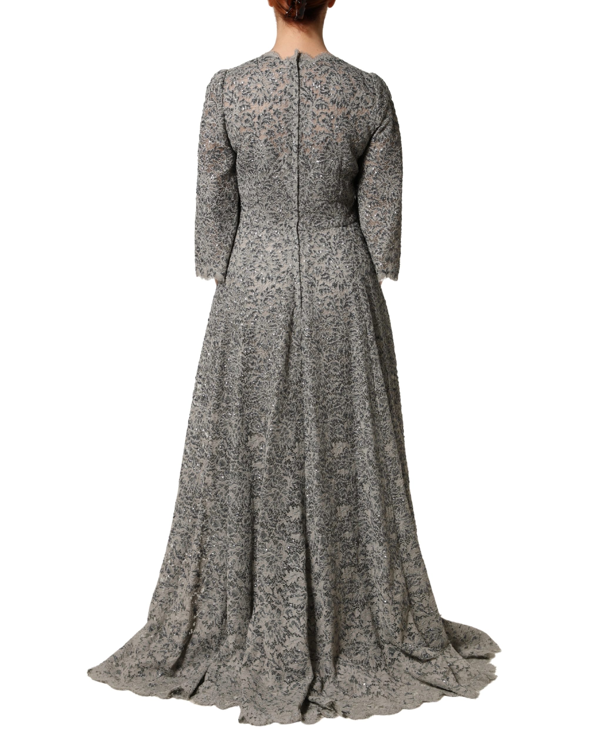 Dolce & Gabbana Gray Lace Long Sleeves Cotton Maxi Dress - Image 4