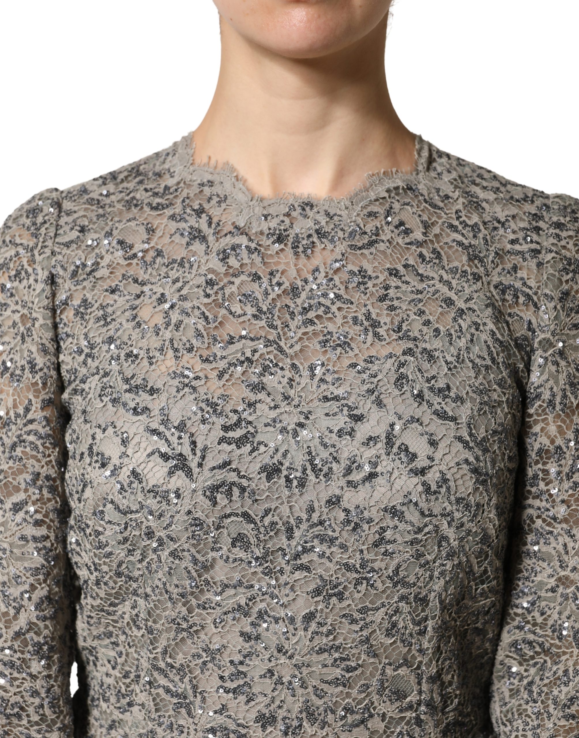 Dolce & Gabbana Gray Lace Long Sleeves Cotton Maxi Dress - Image 5