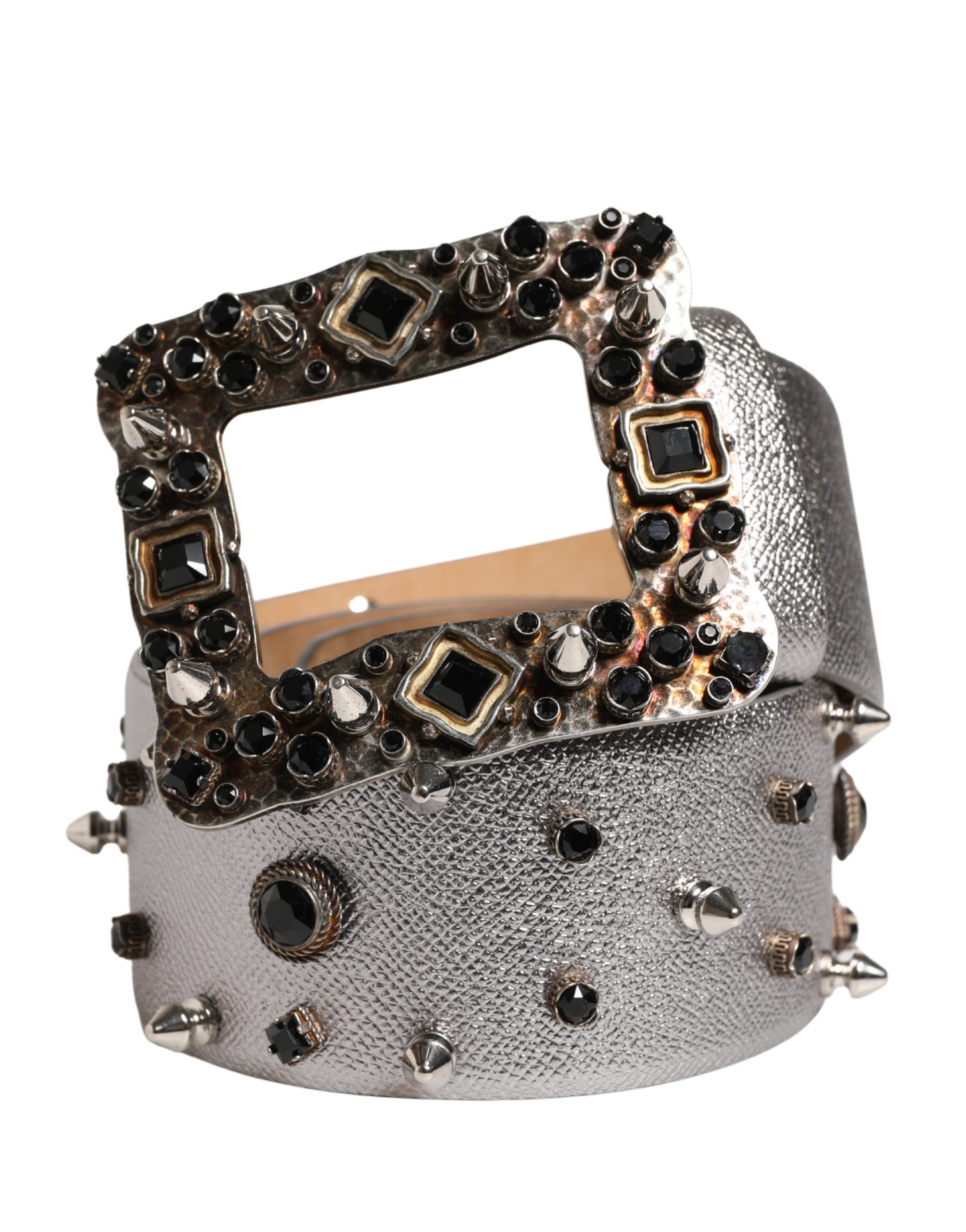 Dolce & Gabbana Silver Leather Crystal Metal Buckle Belt - Image 2