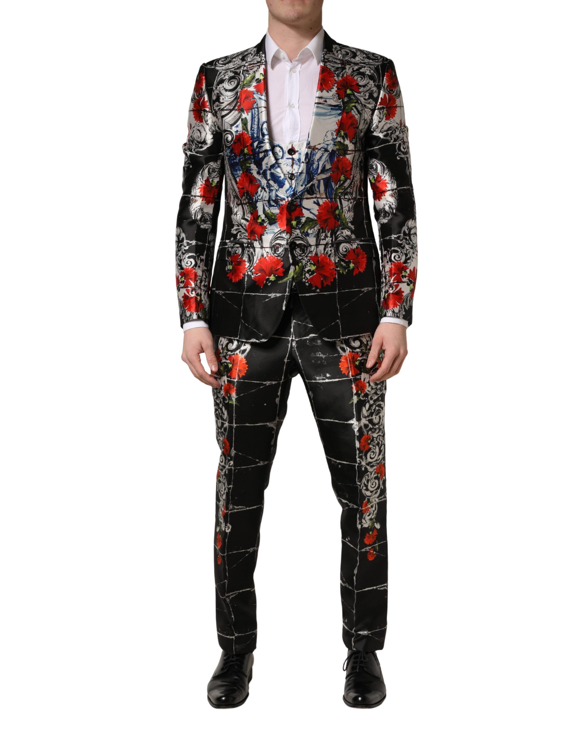Dolce & Gabbana Black Floral 2 Buttons Formal 3 Piece Suit - Image 2