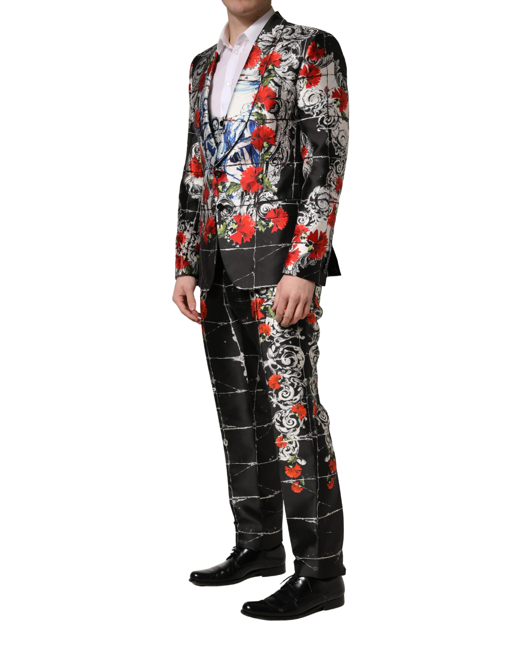 Dolce & Gabbana Black Floral 2 Buttons Formal 3 Piece Suit - Image 3