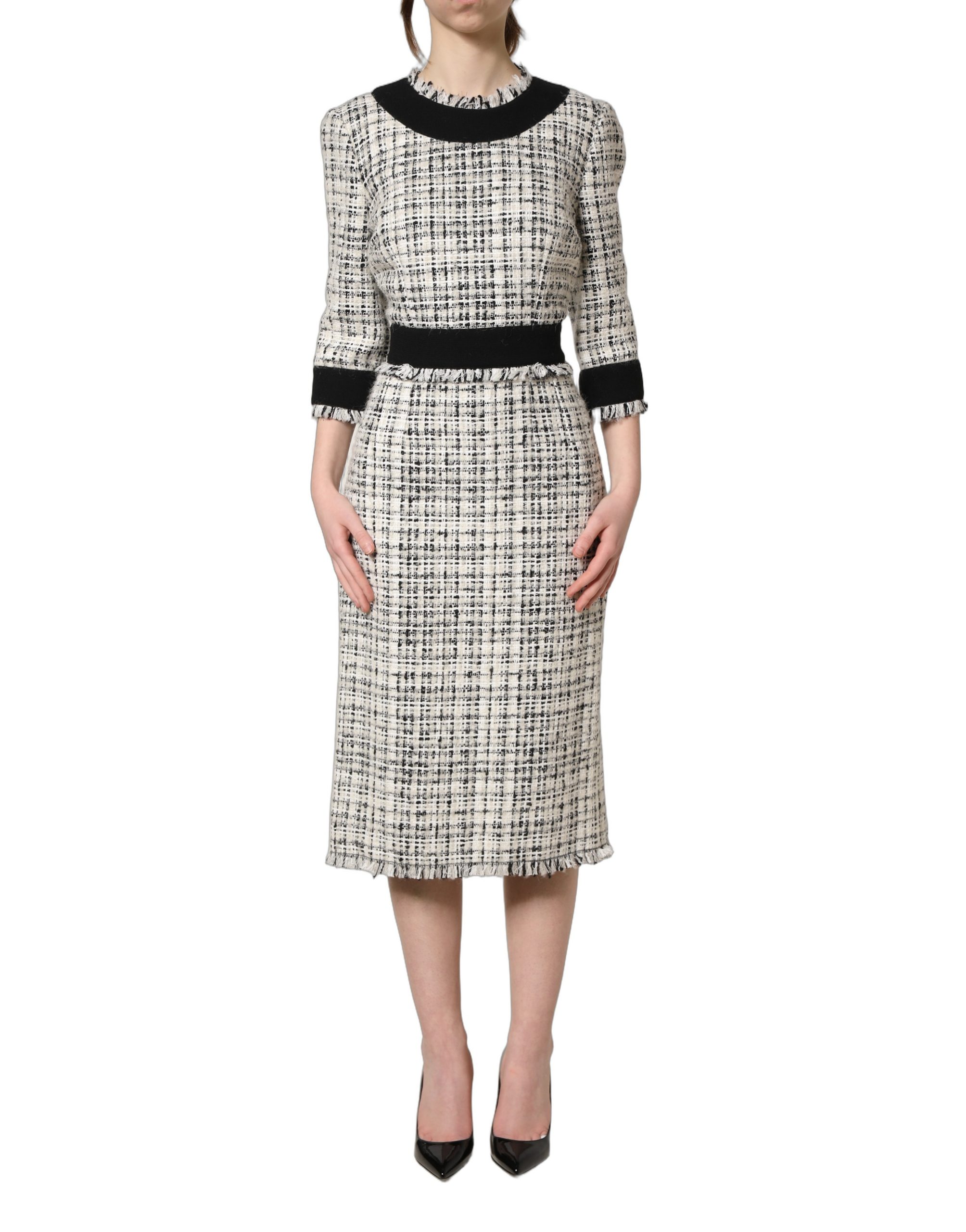 Dolce & Gabbana Black White Tweed Sheath A-line Midi Dress - Image 2