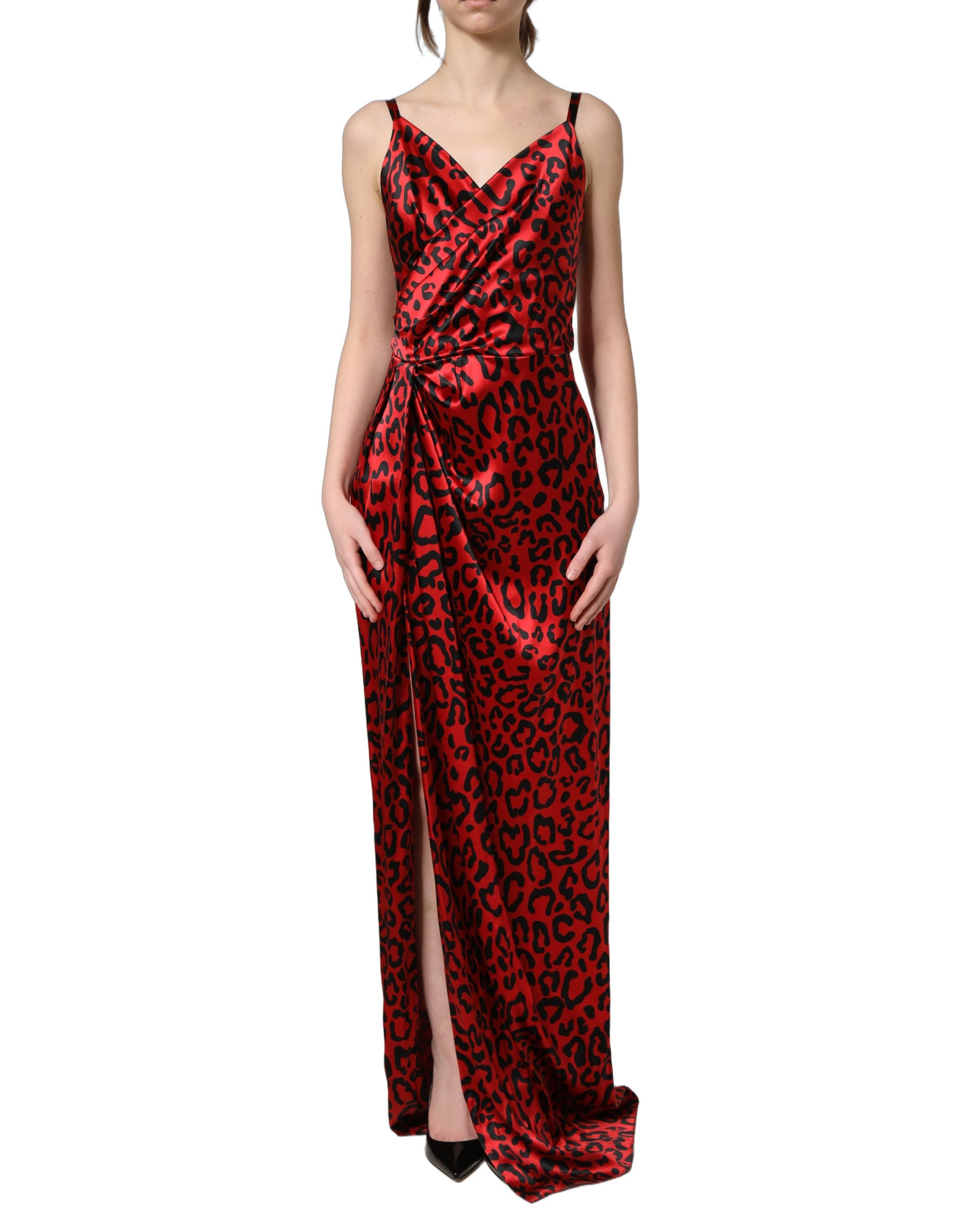 Dolce & Gabbana Red Leopard Draped Sleeveless Maxi Dress - Image 2