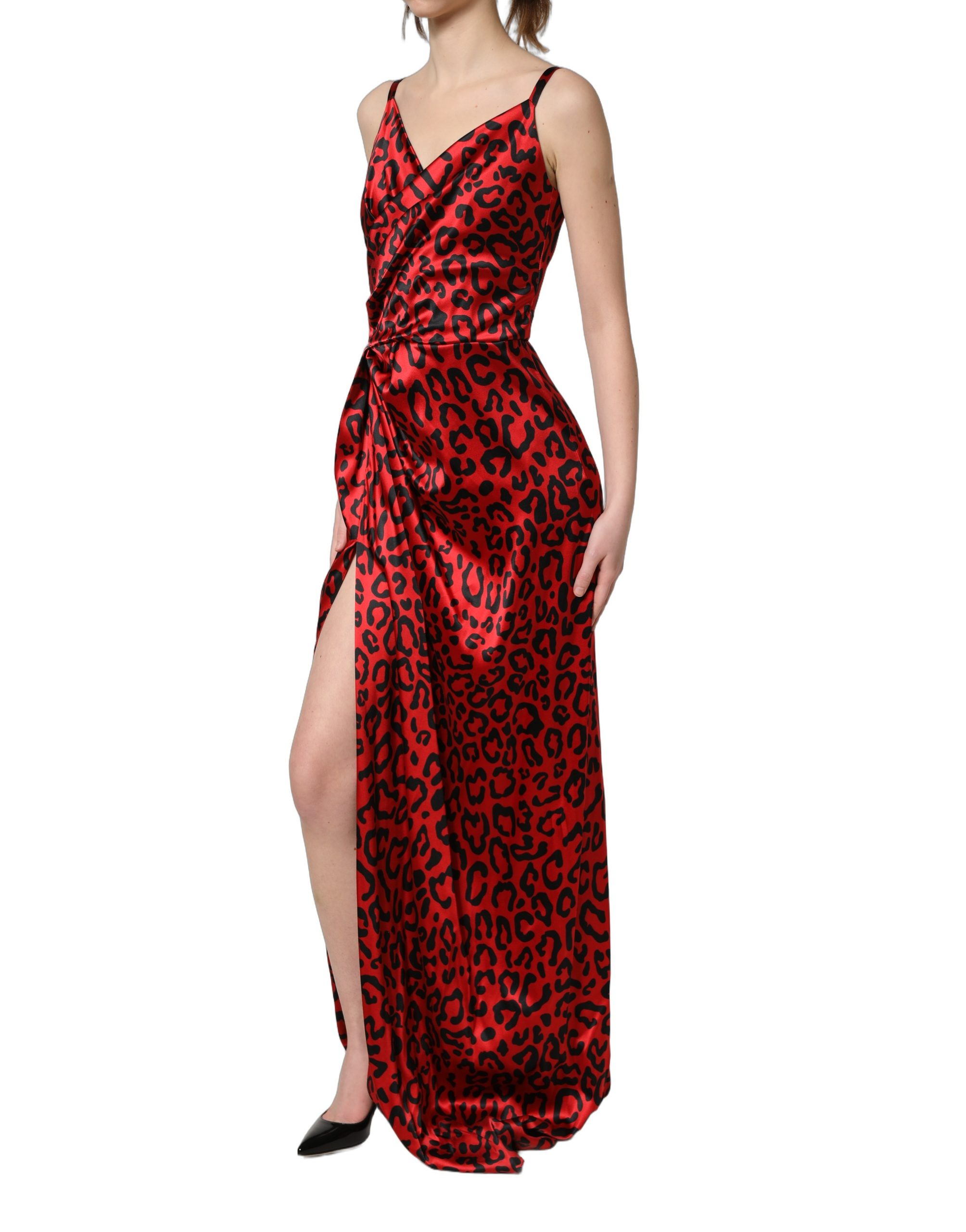 Dolce & Gabbana Red Leopard Draped Sleeveless Maxi Dress - Image 3