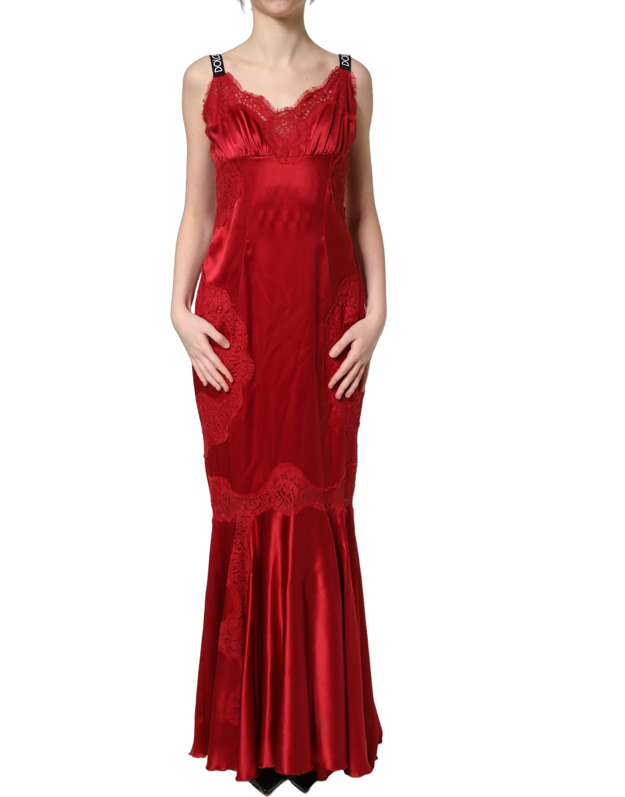 Dolce & Gabbana Red Silk Sleeveless Maxi Long Lace Trim Dress - Image 2