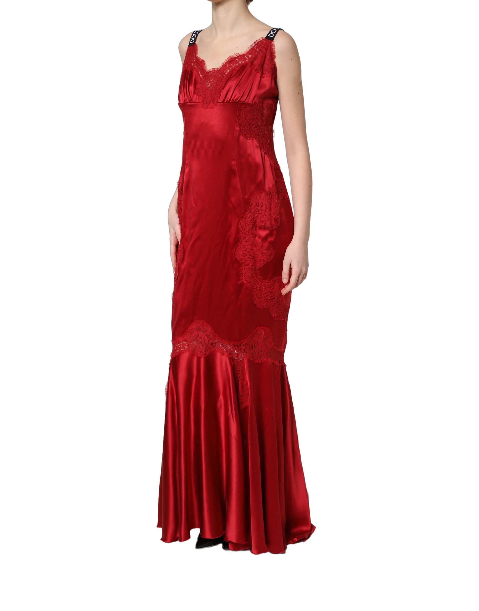Dolce & Gabbana Red Silk Sleeveless Maxi Long Lace Trim Dress - Image 3