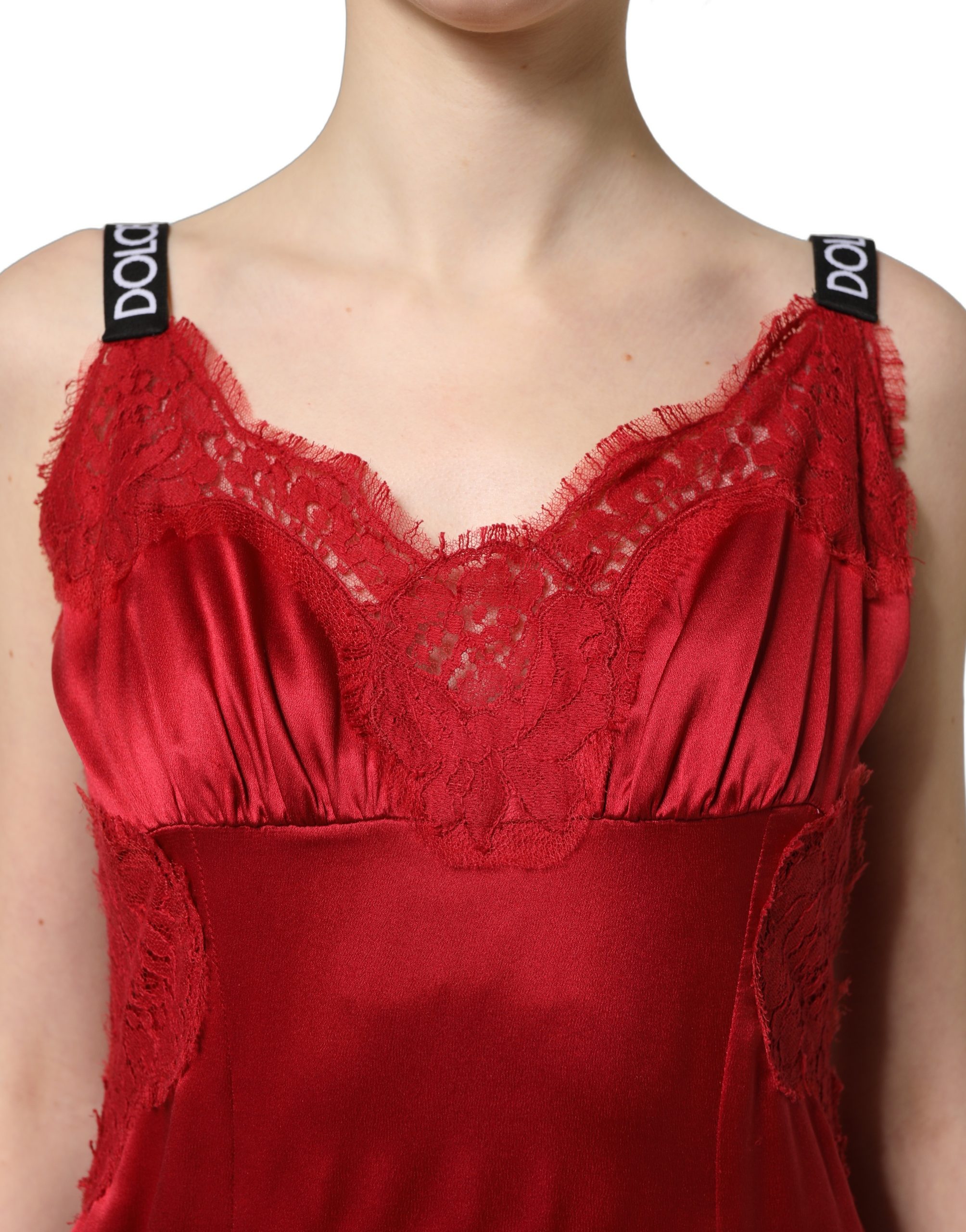 Dolce & Gabbana Red Silk Sleeveless Maxi Long Lace Trim Dress - Image 5