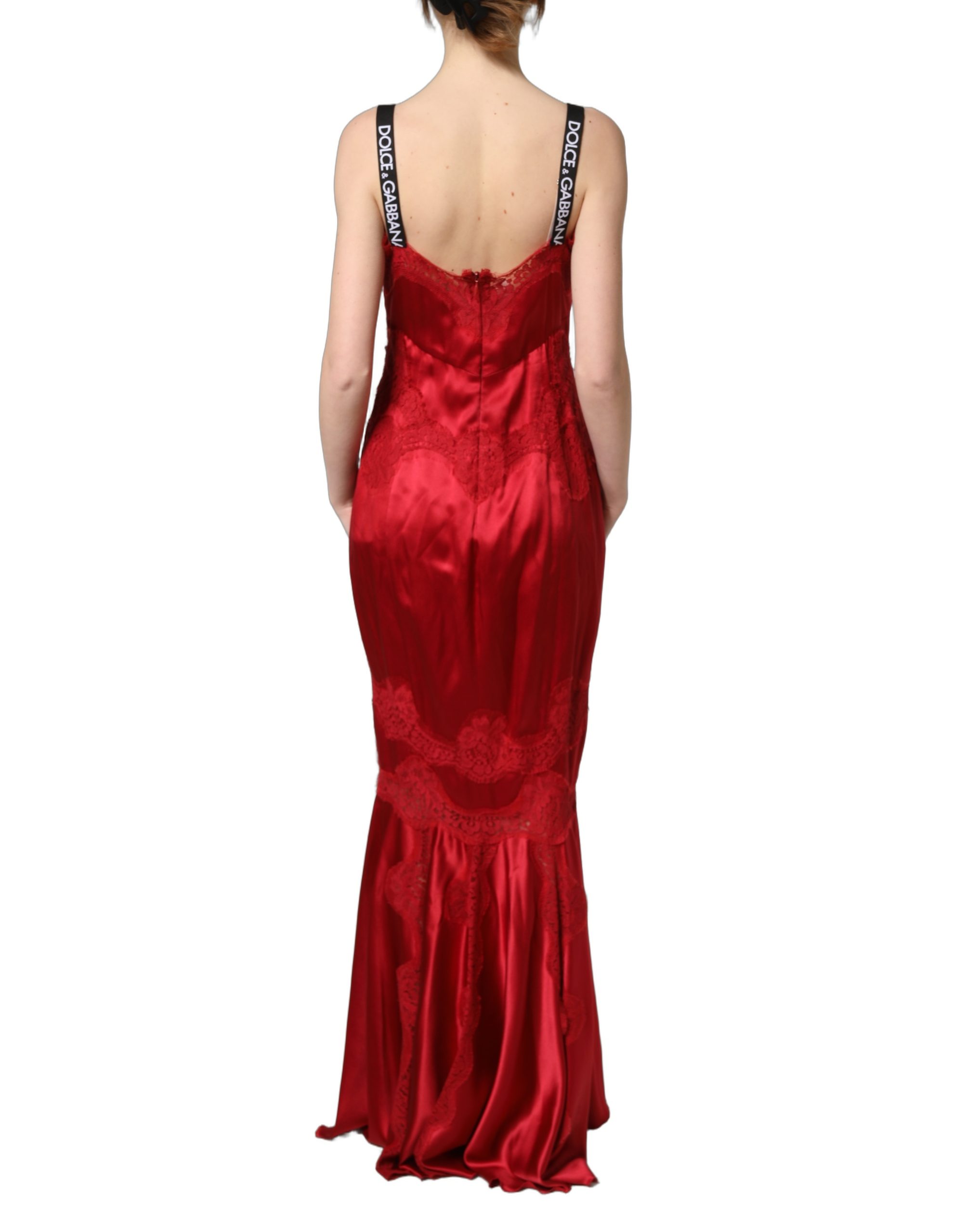 Dolce & Gabbana Red Silk Sleeveless Maxi Long Lace Trim Dress - Image 4