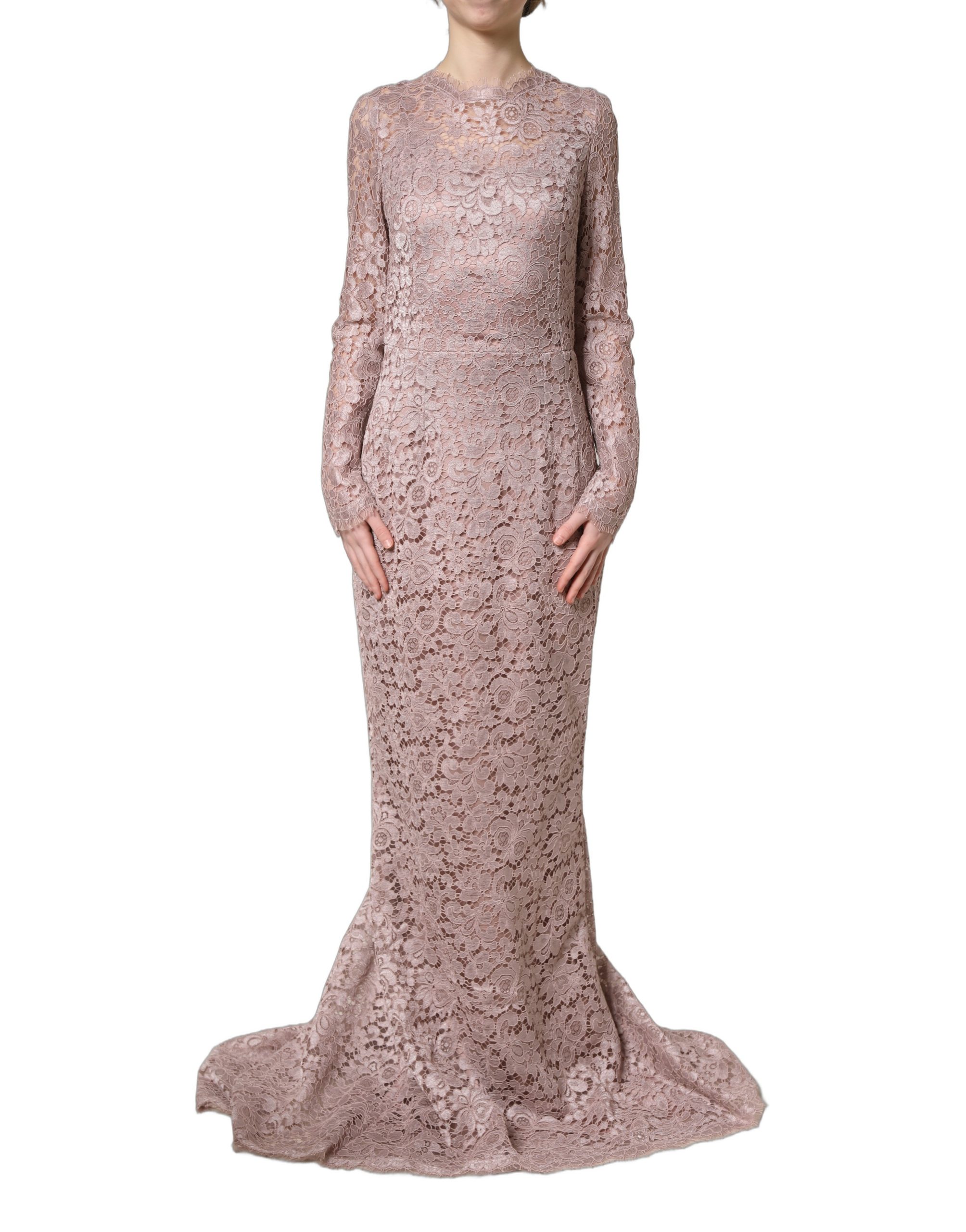 Dolce & Gabbana Pink Lace Long Sleeves Evening Gown Dress - Image 2