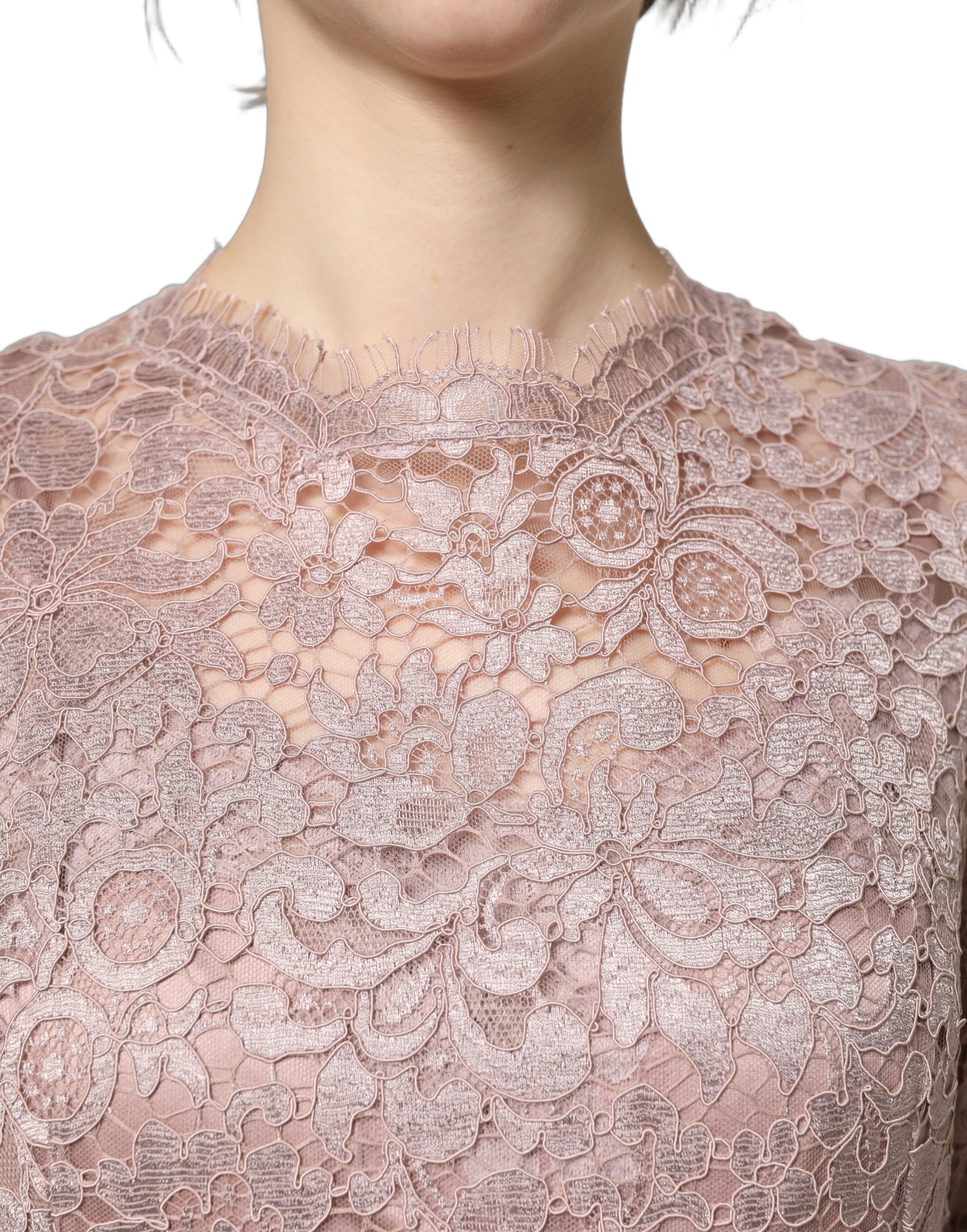 Dolce & Gabbana Pink Lace Long Sleeves Evening Gown Dress - Image 5
