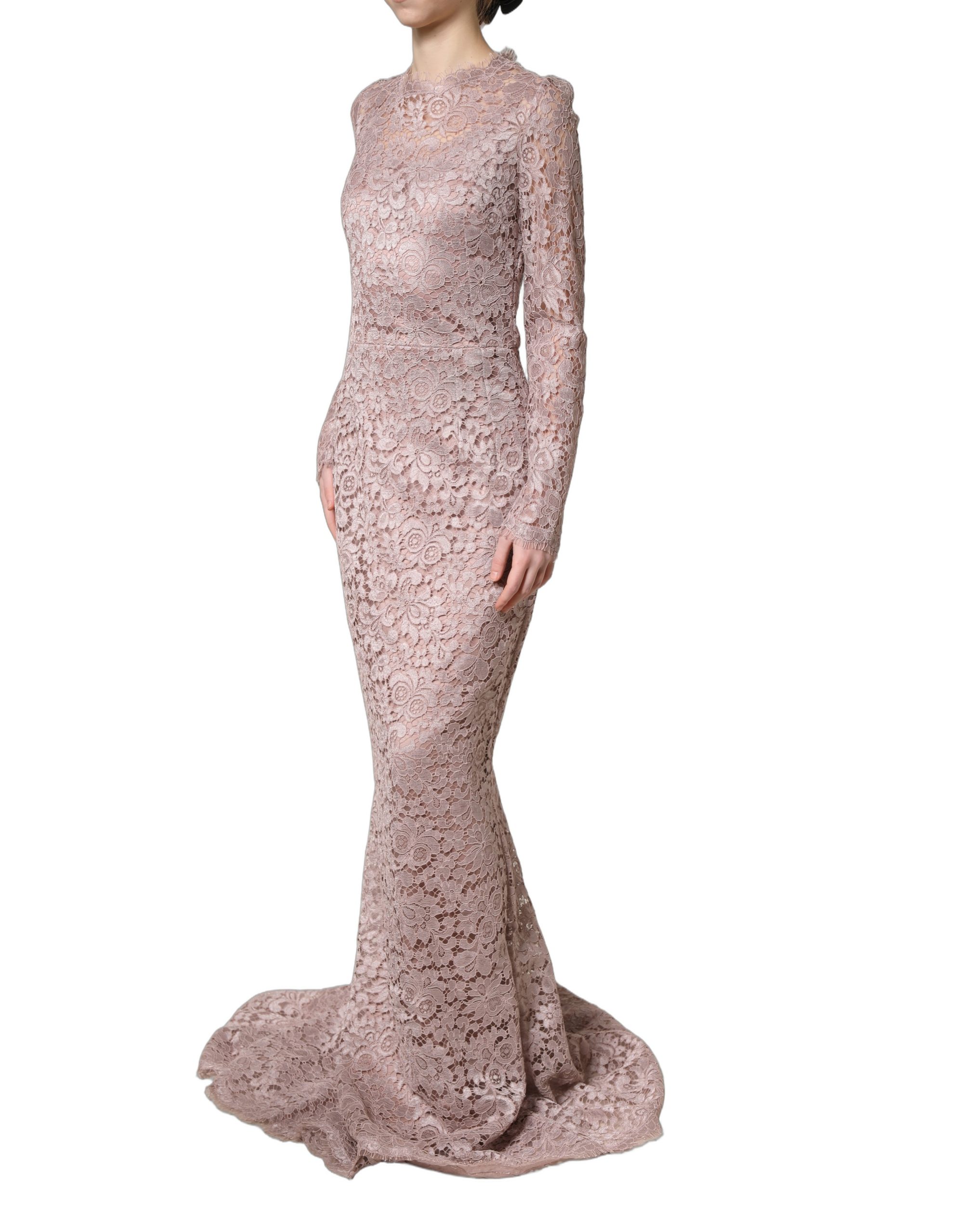 Dolce & Gabbana Pink Lace Long Sleeves Evening Gown Dress - Image 3